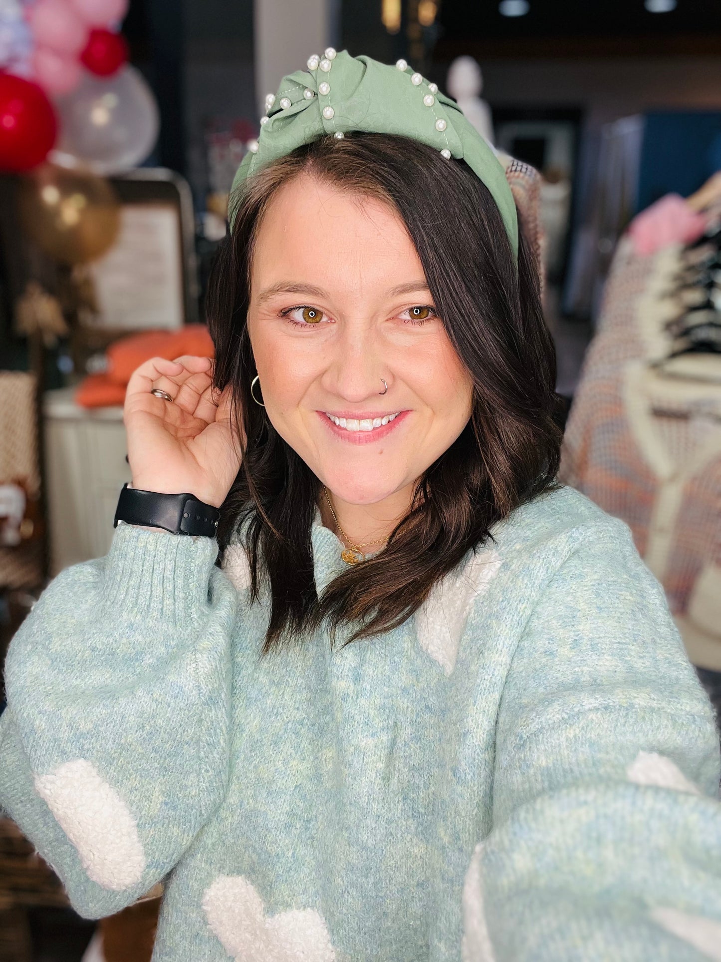 Green Leather with Pearl Accents Headband