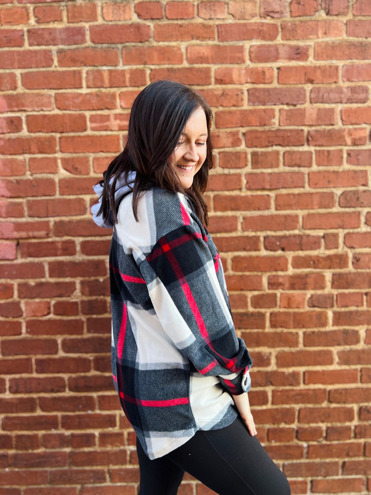 Plaid Drawstring Hooded Shacket | Rust & Black