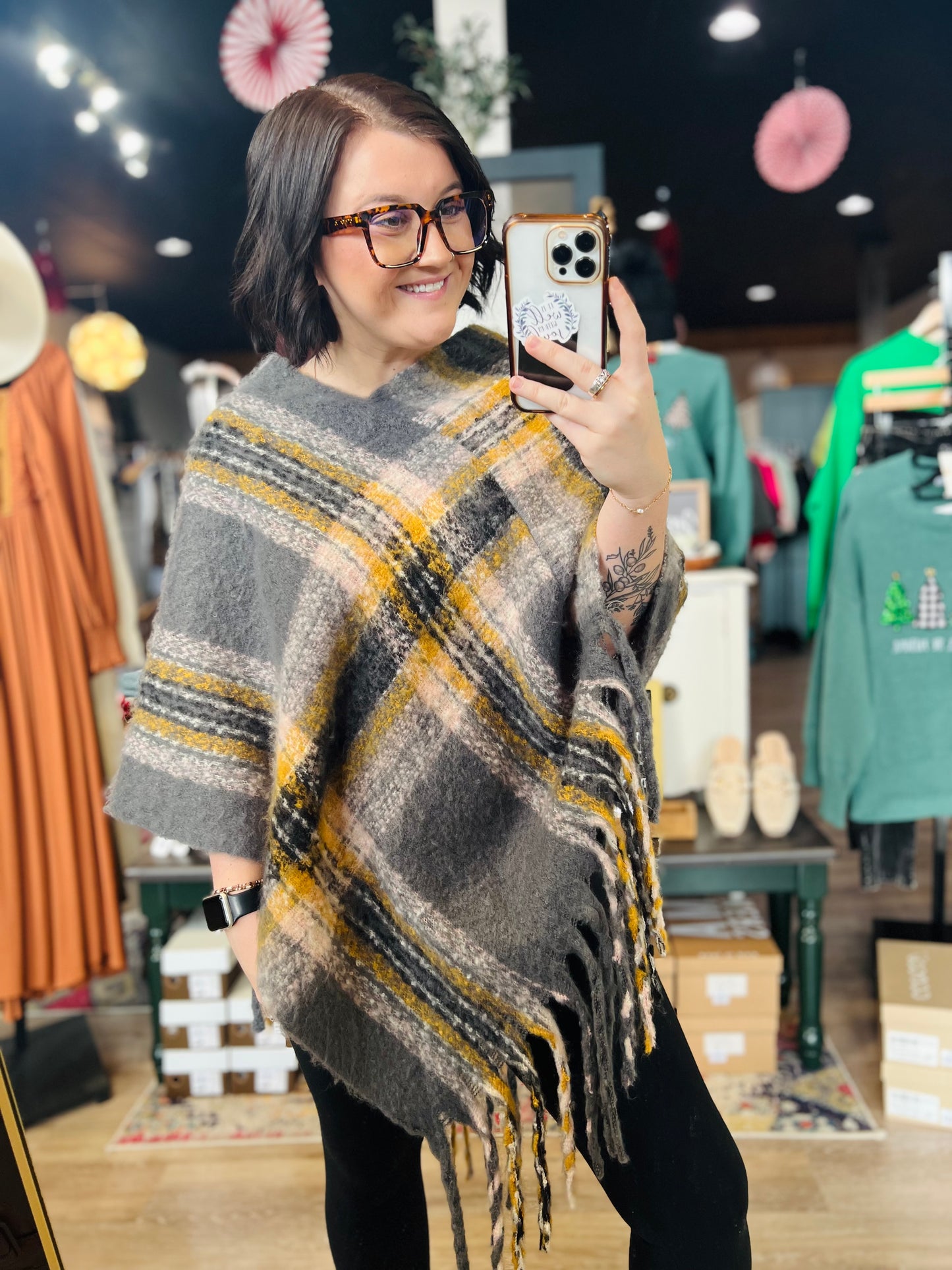 Yellow/Grey Plaid Shawl - OS