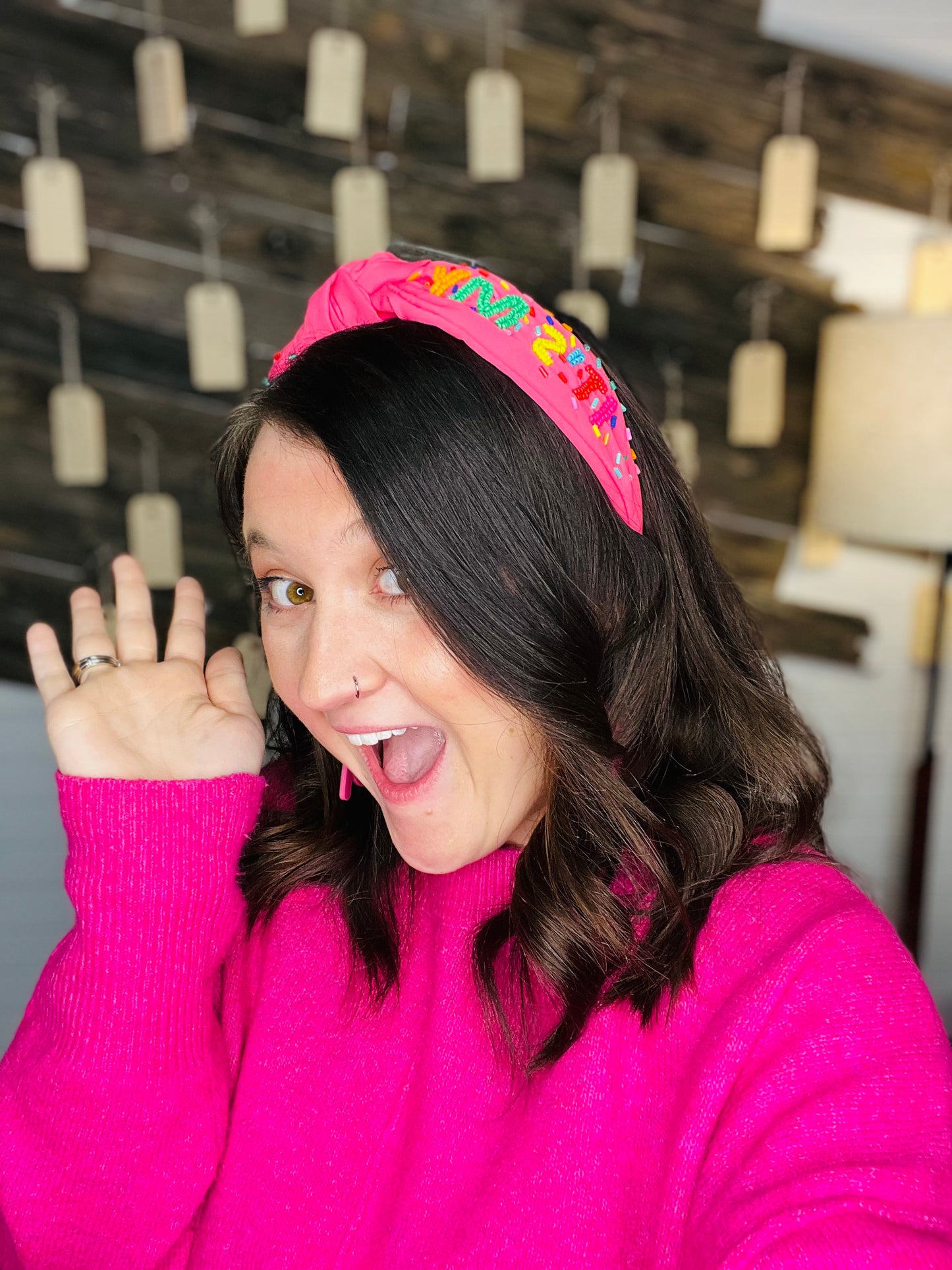 "It's My Birthday" Seed Bead Pink Fabric Headband