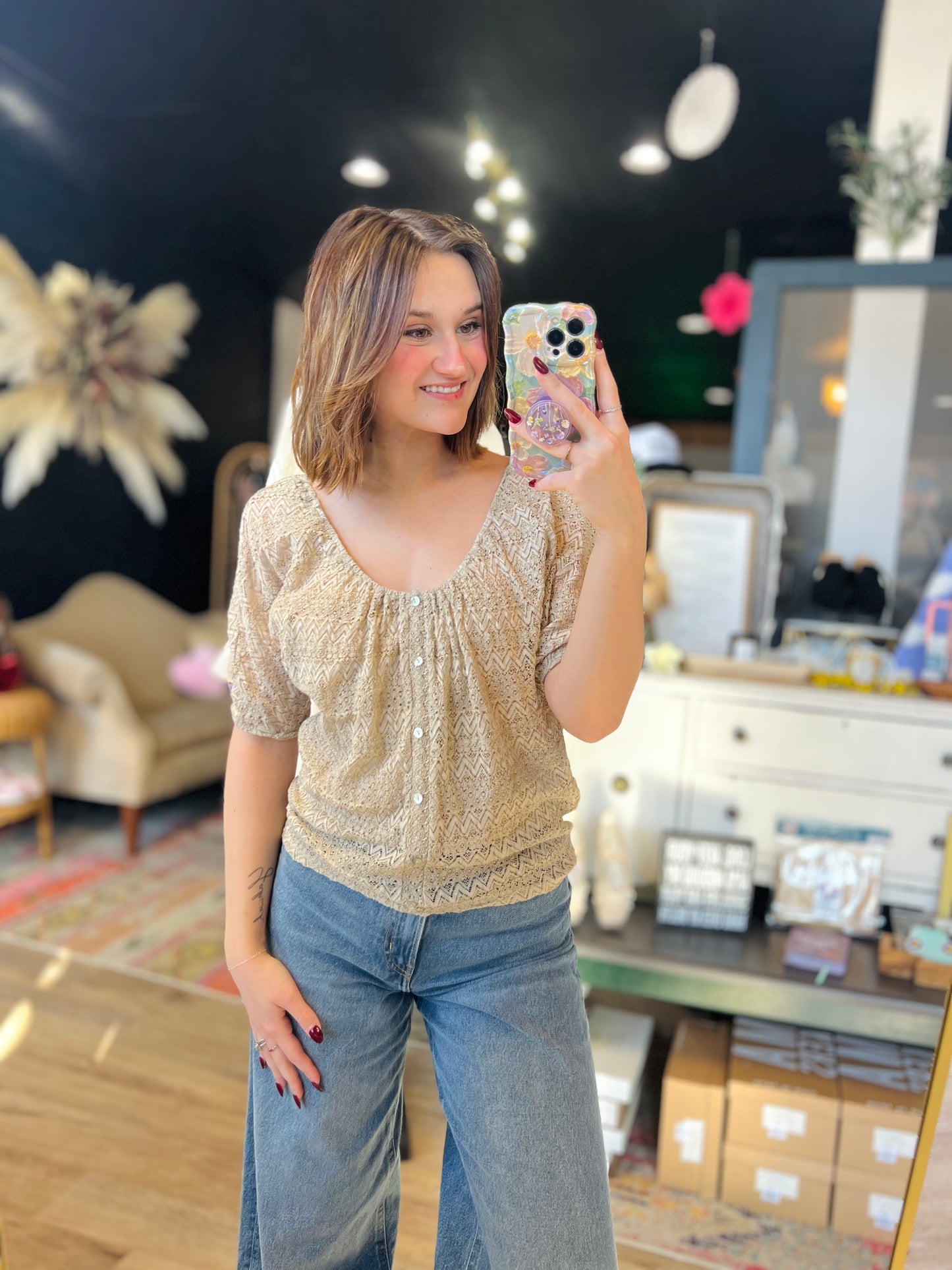 Tan Lace Vintage Top - L