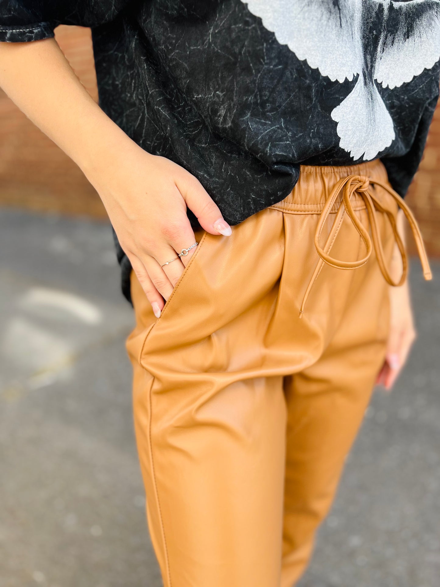Faux Leather Jogger Pants - Camel