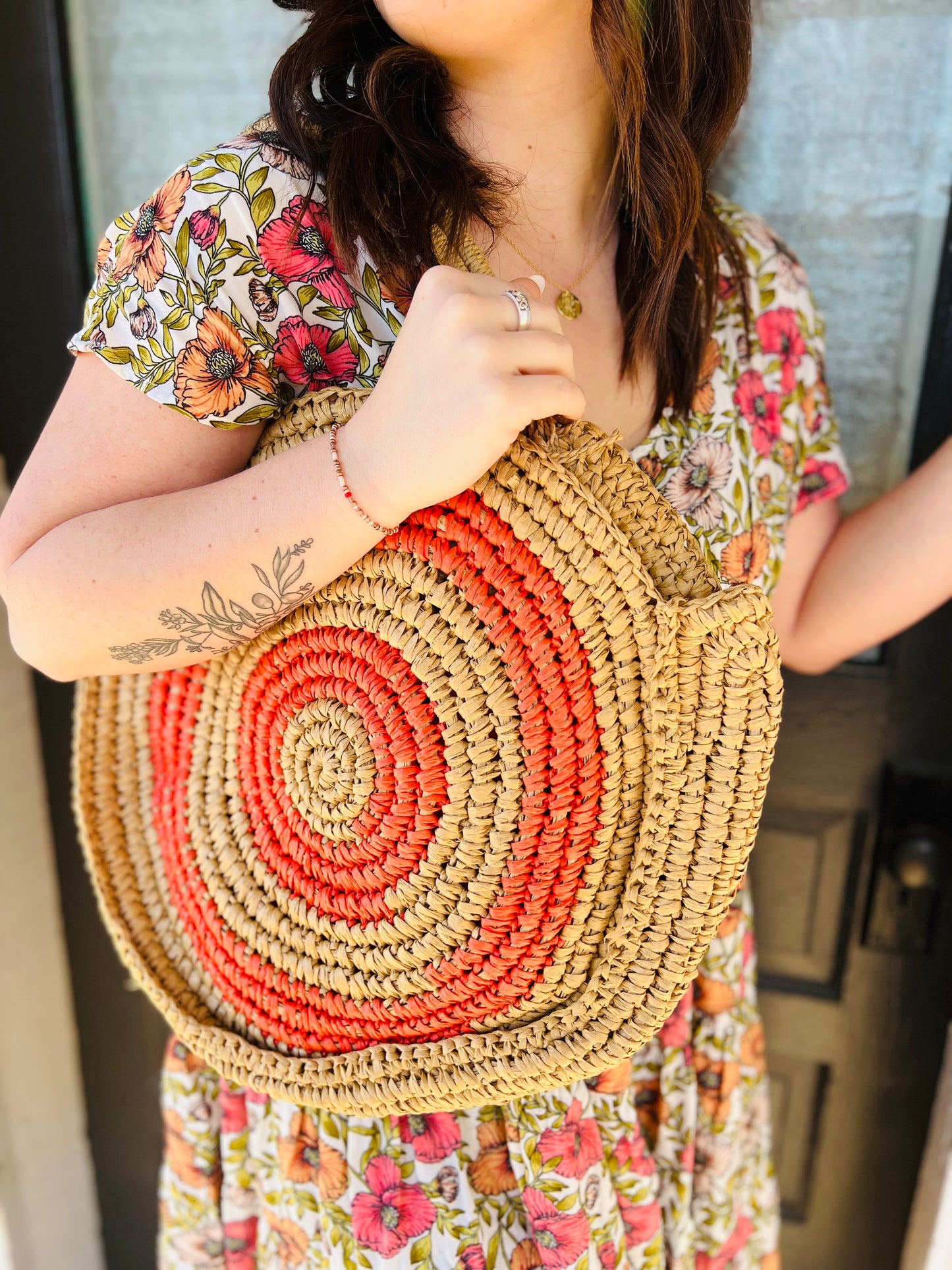 Round Raffia Straw Tote Bag