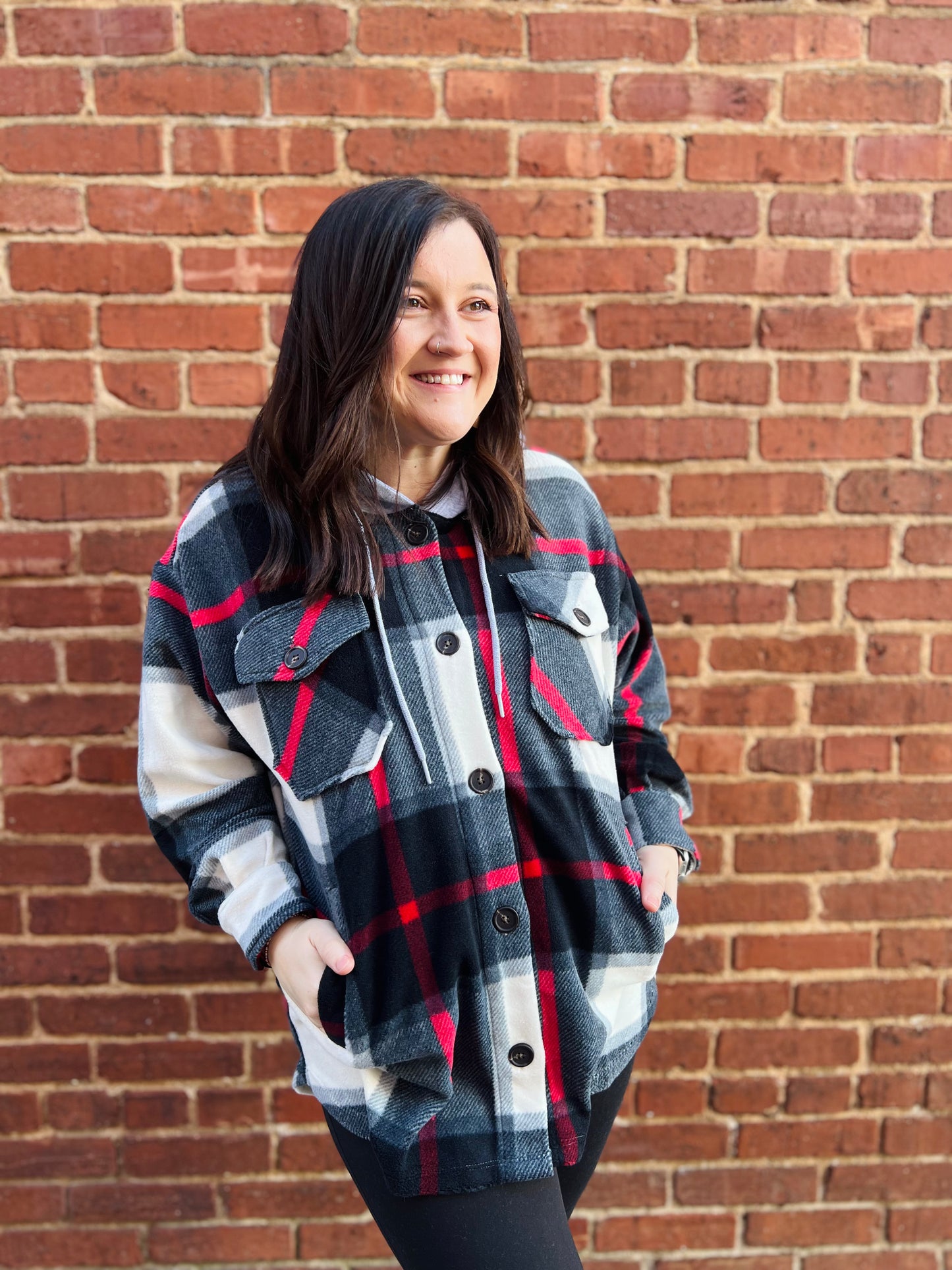 Plaid Drawstring Hooded Shacket | Rust & Black
