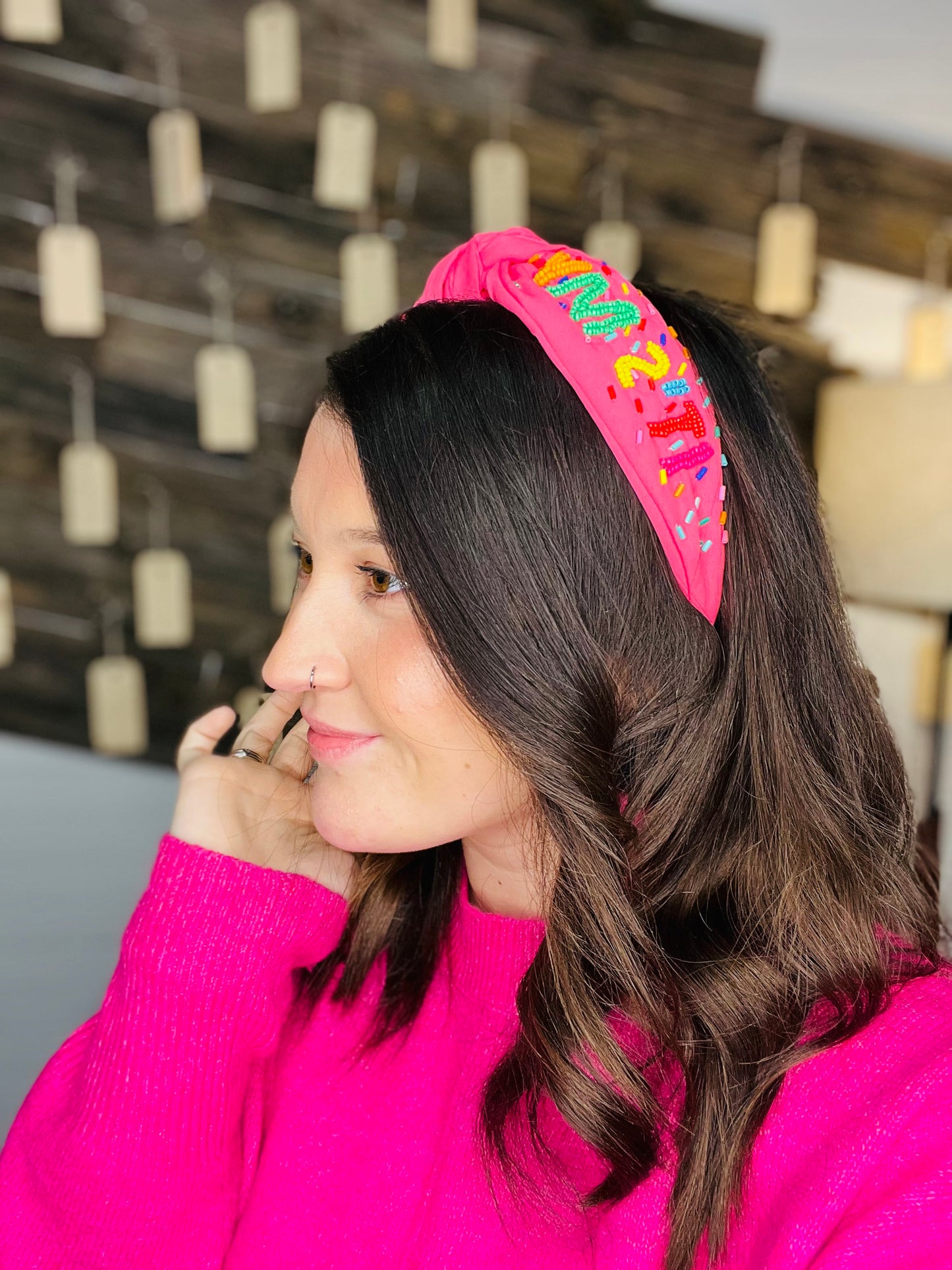 "It's My Birthday" Seed Bead Pink Fabric Headband