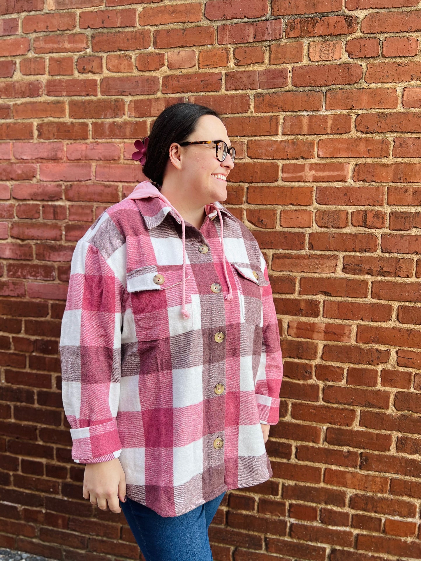 Plaid Hooded Shacket | Curvy