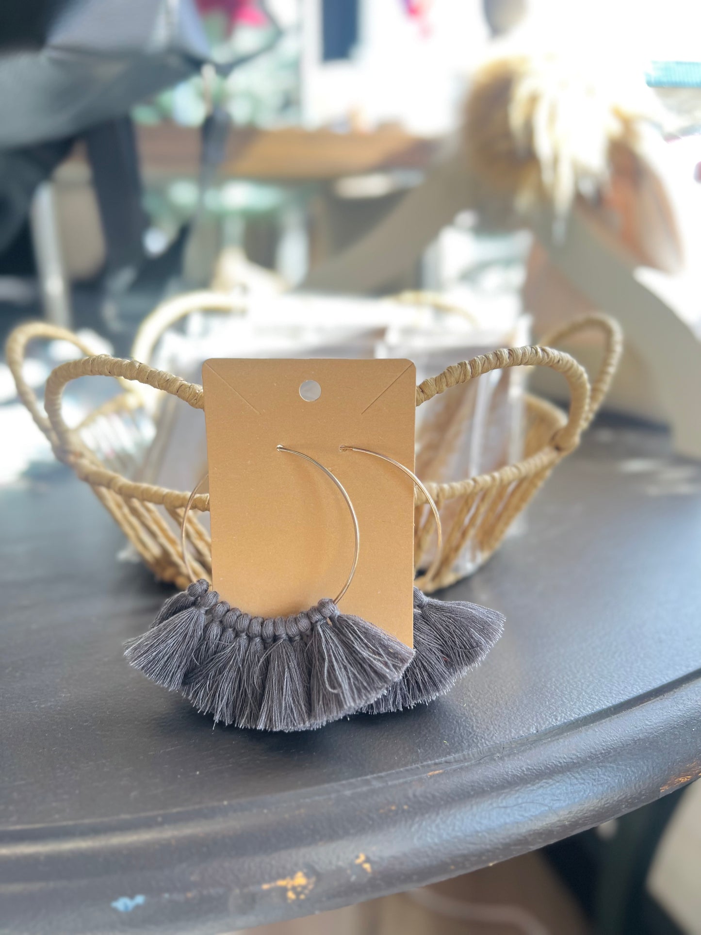 Dark Grey Tassel Hoop Earring