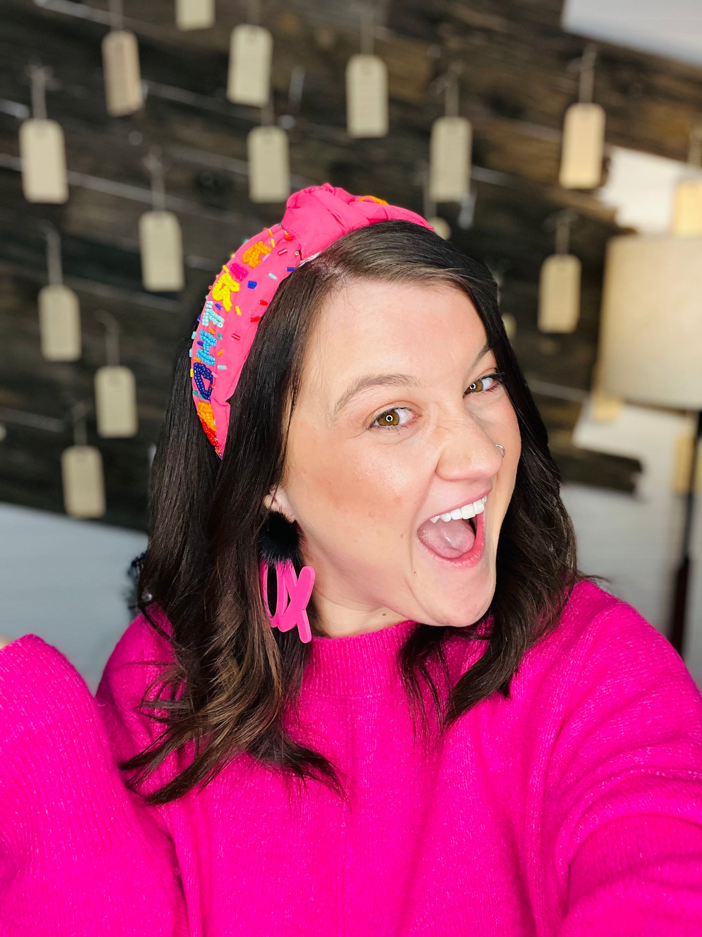 "It's My Birthday" Seed Bead Pink Fabric Headband