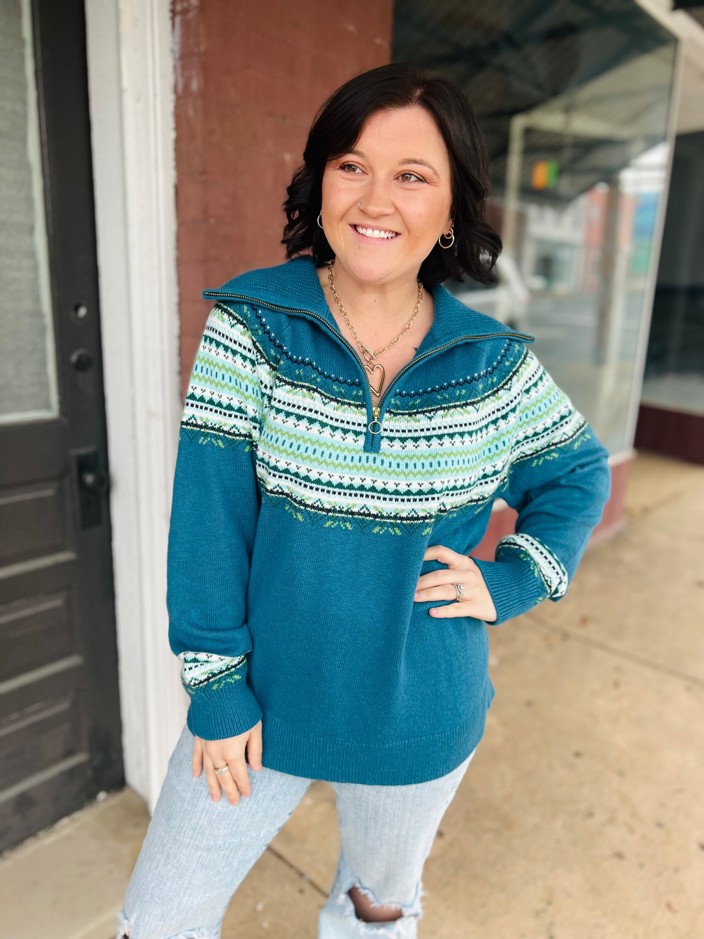 Blue Tribal Quarter Zip Sweater - Size XL