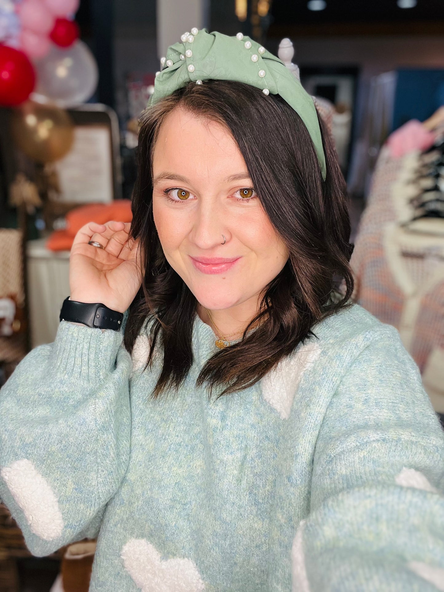 Green Leather with Pearl Accents Headband
