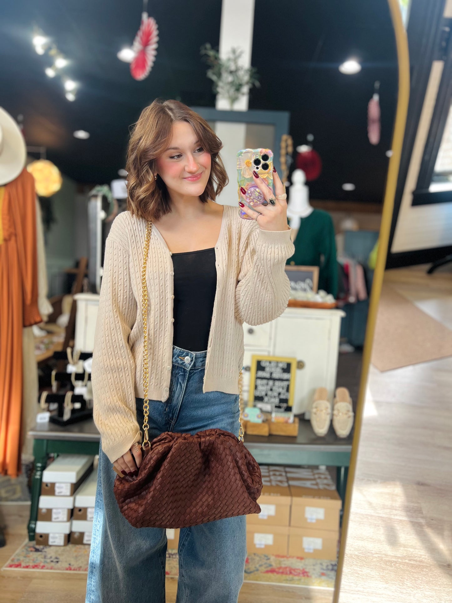 Brown Basket Weave Chain Crossbody