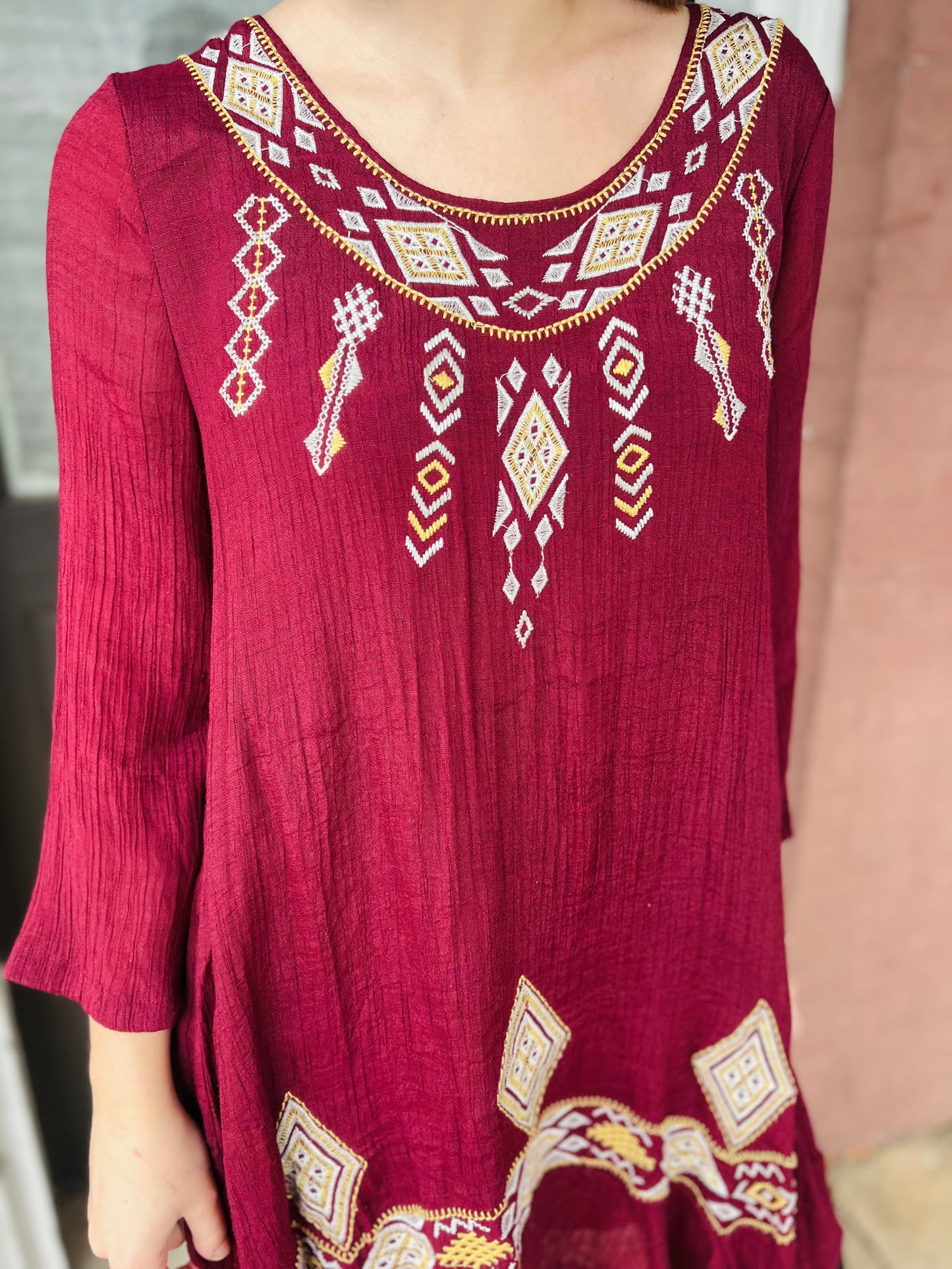 Maroon Tribal Long Sleeve Dress - Size M