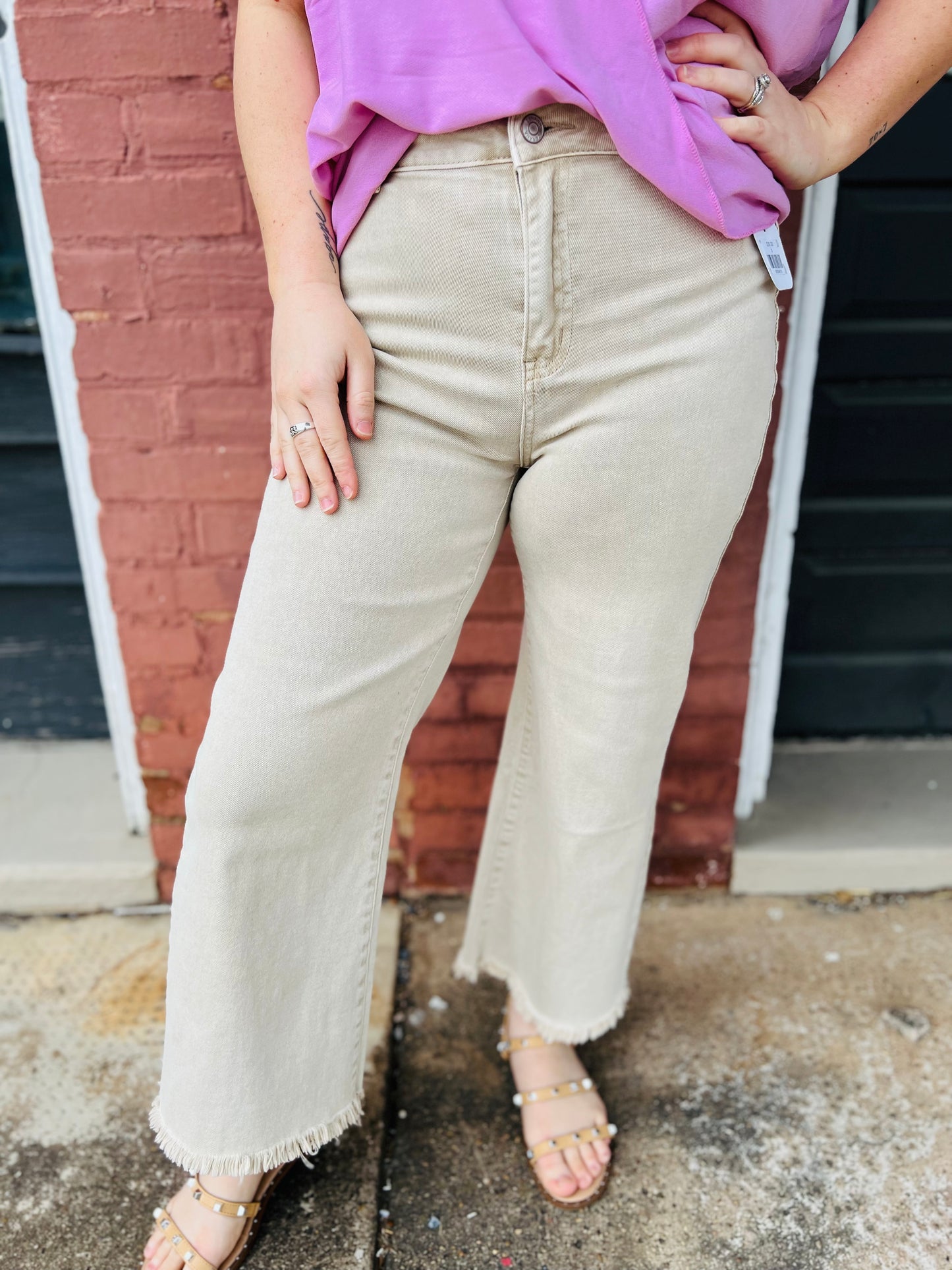 High Waisted Frayed Hem Straight Leg Pants