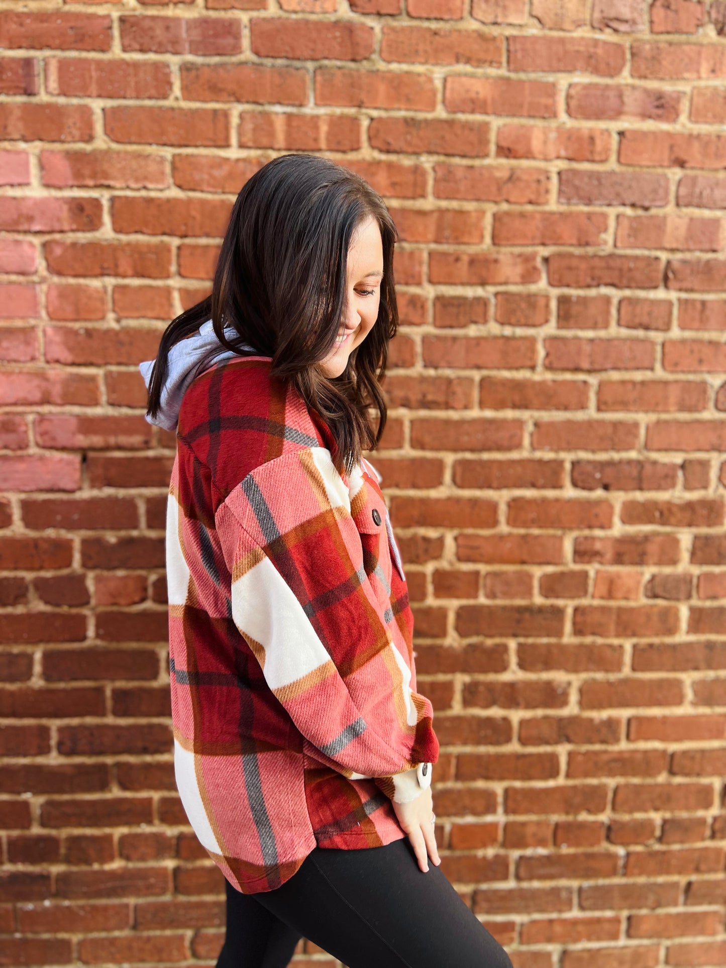 Plaid Drawstring Hooded Shacket | Rust & Black