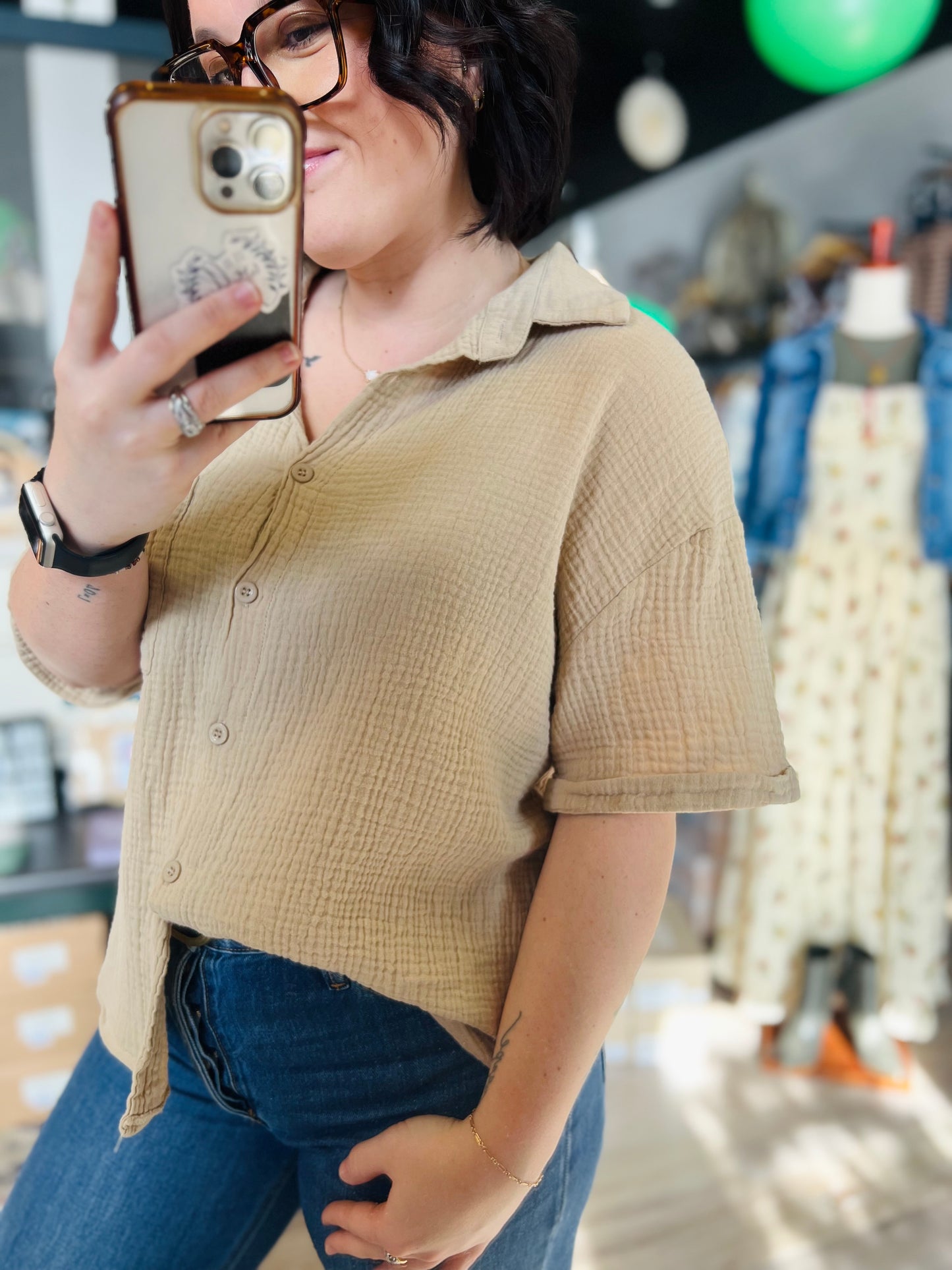 Beige Button Up Boho Top - L