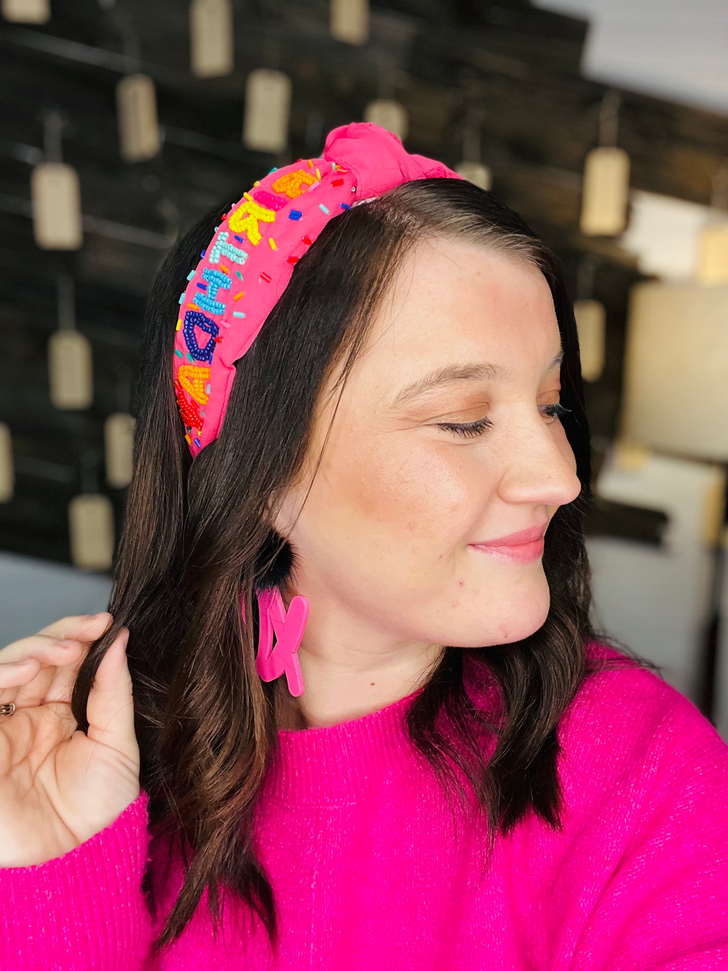 "It's My Birthday" Seed Bead Pink Fabric Headband