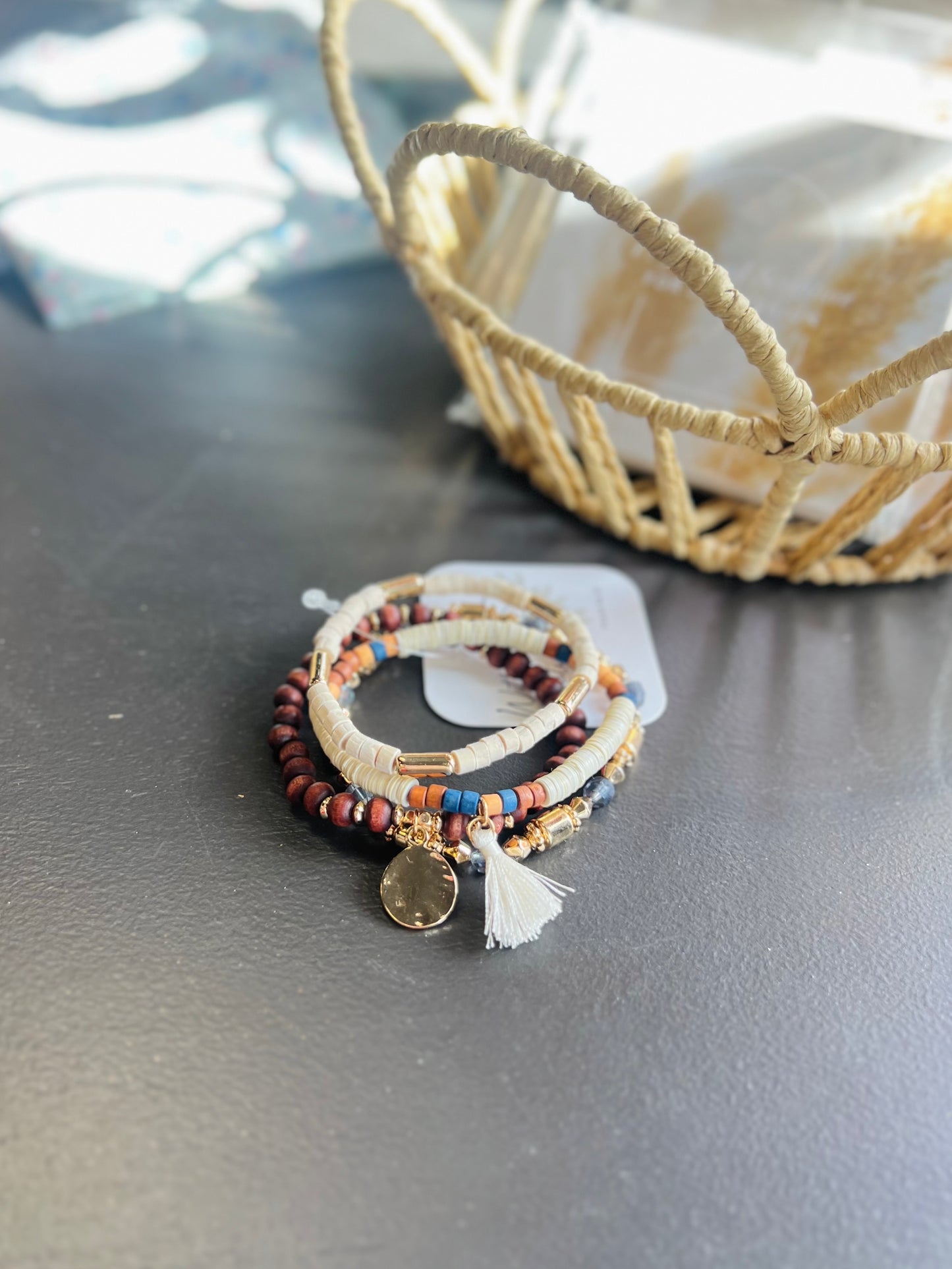 4 Beaded Bracelet Set W/ Circle Pendent