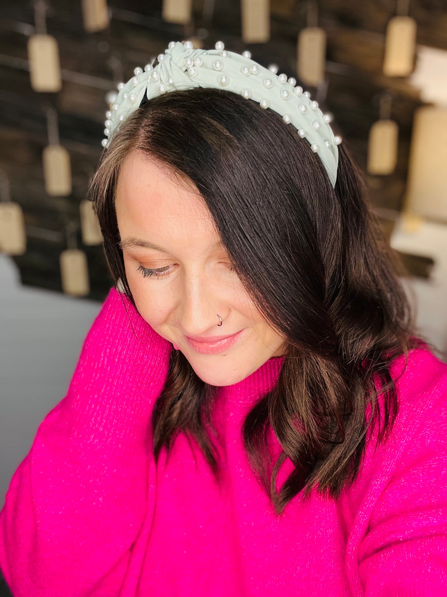 Light Sage Green Fabric With Pearls Headband
