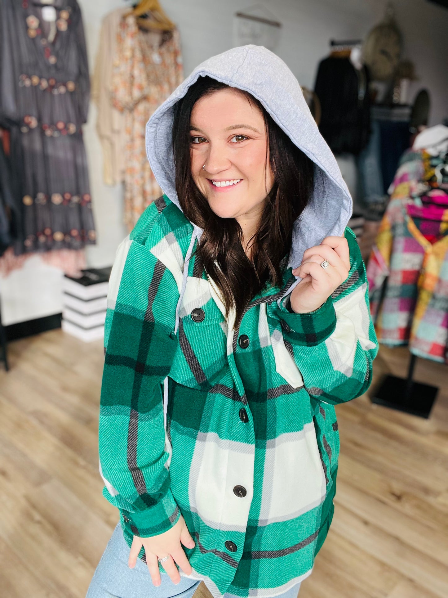 Plaid Drawstring Hooded Shacket