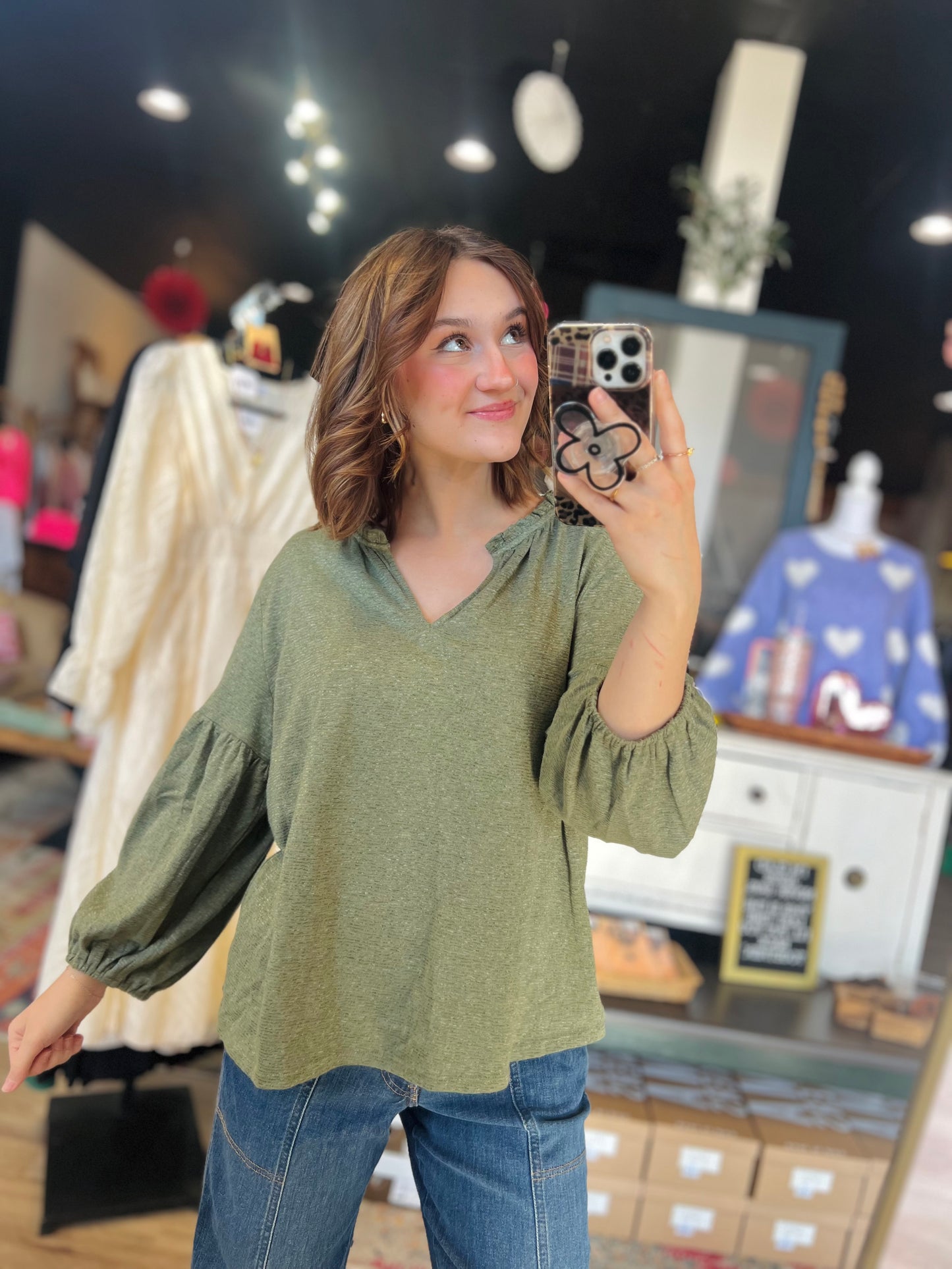 Loft Olive Green Ballon Sleeve Top - M