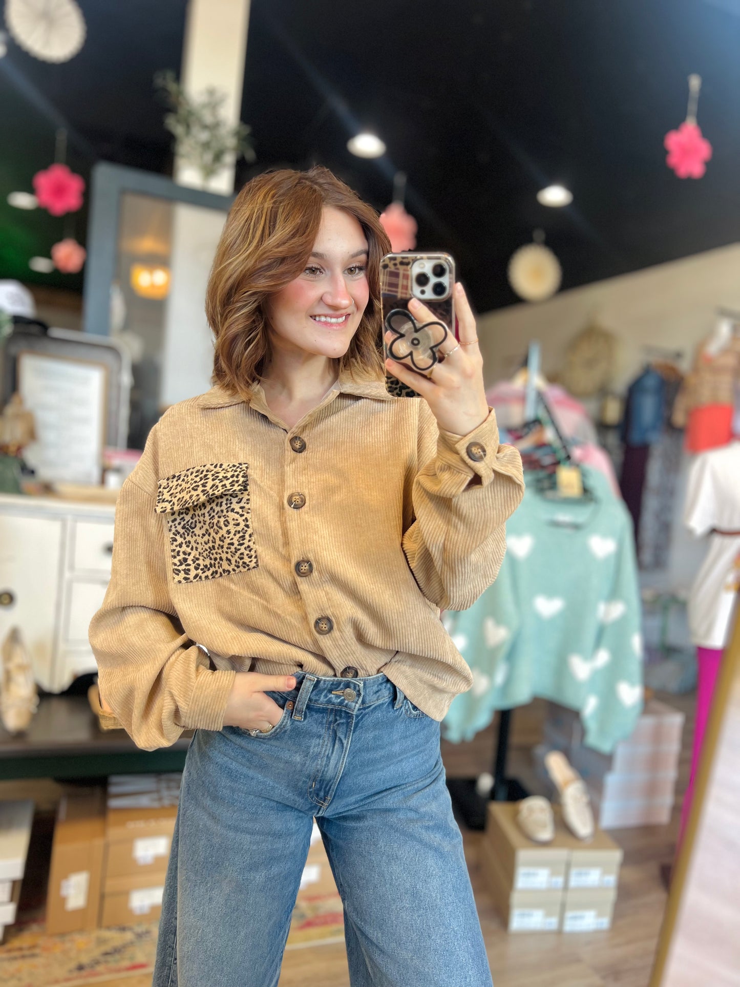 Tan Corduroy Button Up W/ Cheetah Print Pocket - M