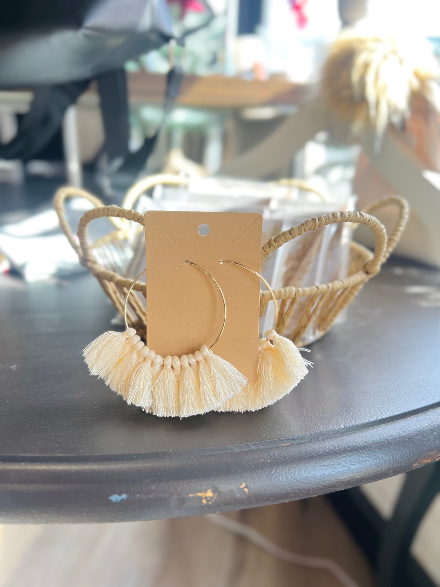 Cream Tassel Hoop Earring