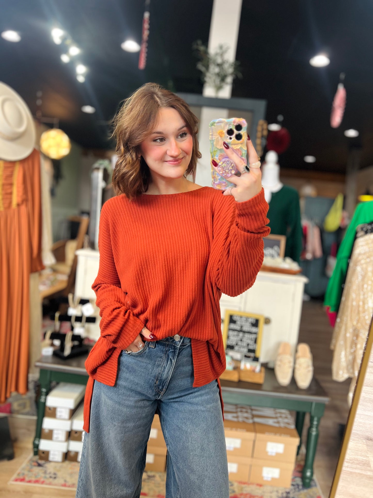 Rust Ribbed Flowy Top - XL