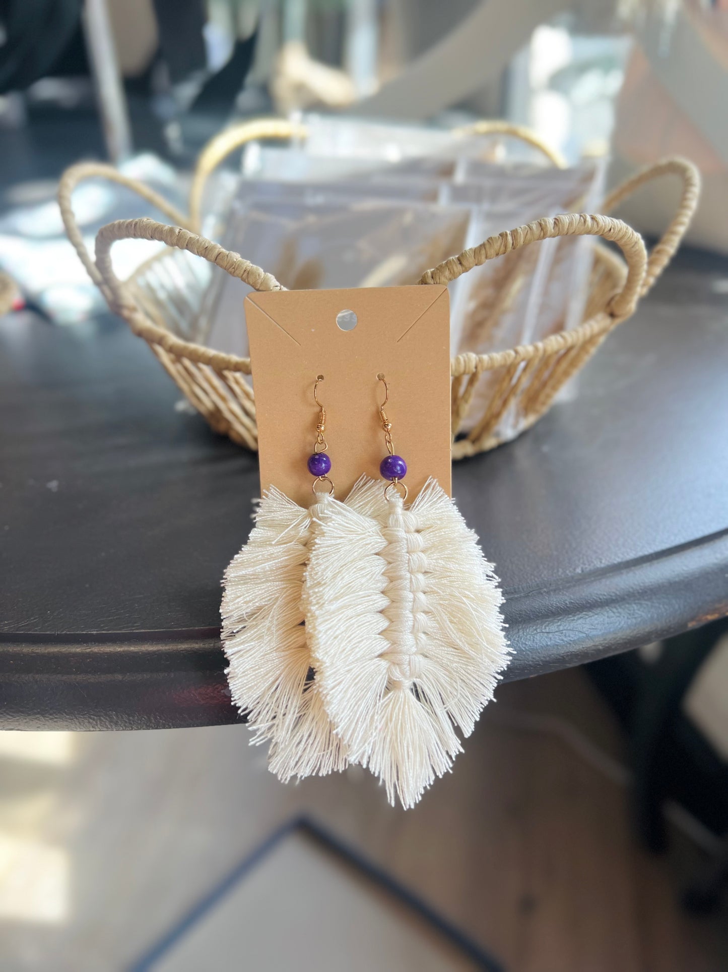 Cream Tassel Earring W/ Purple Beads