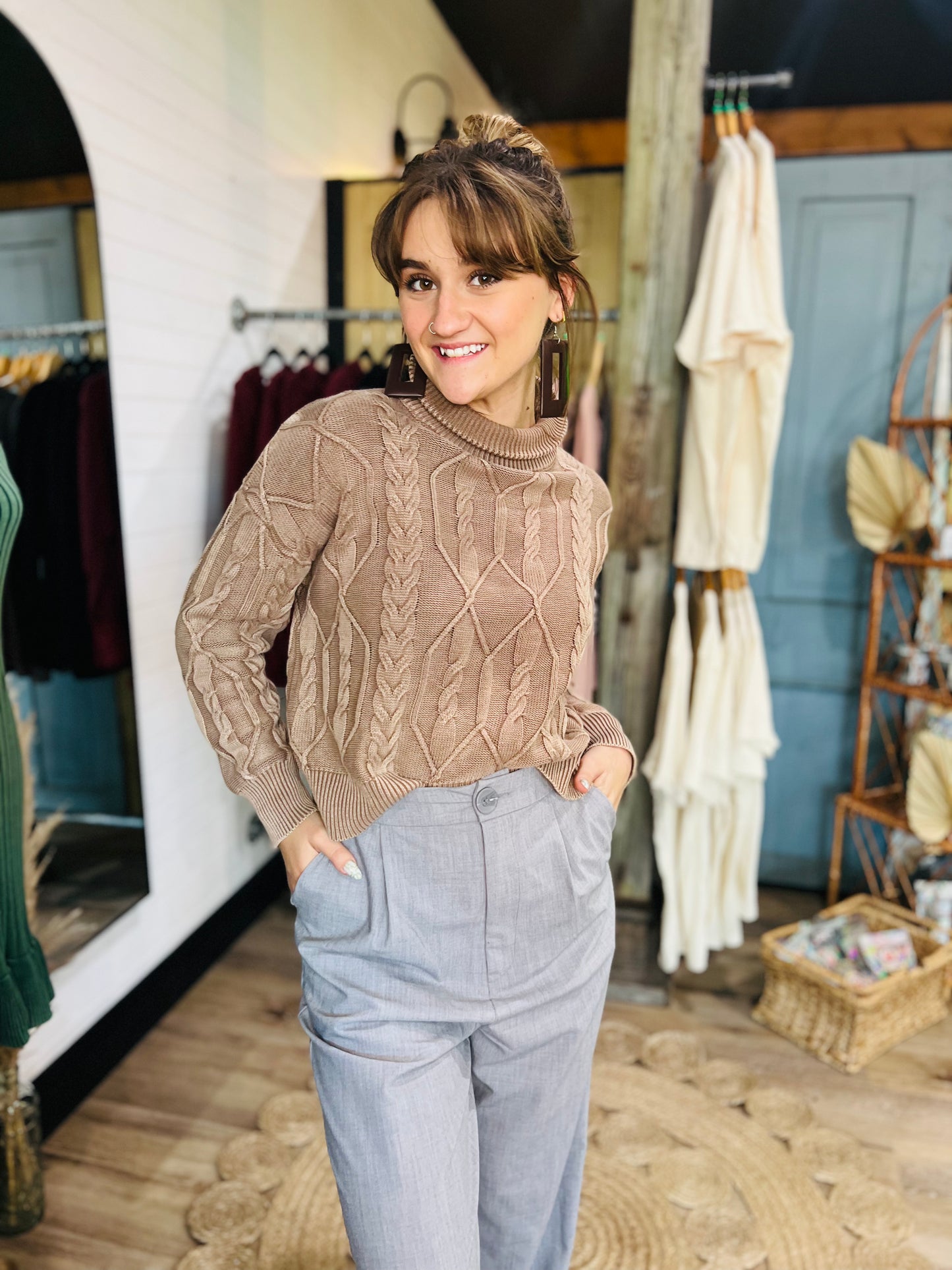 CABLE KNIT MOCK NECK SWEATER TOP