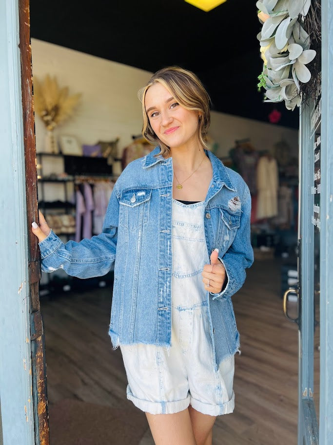 Distressed Raw Hem Denim Jacket