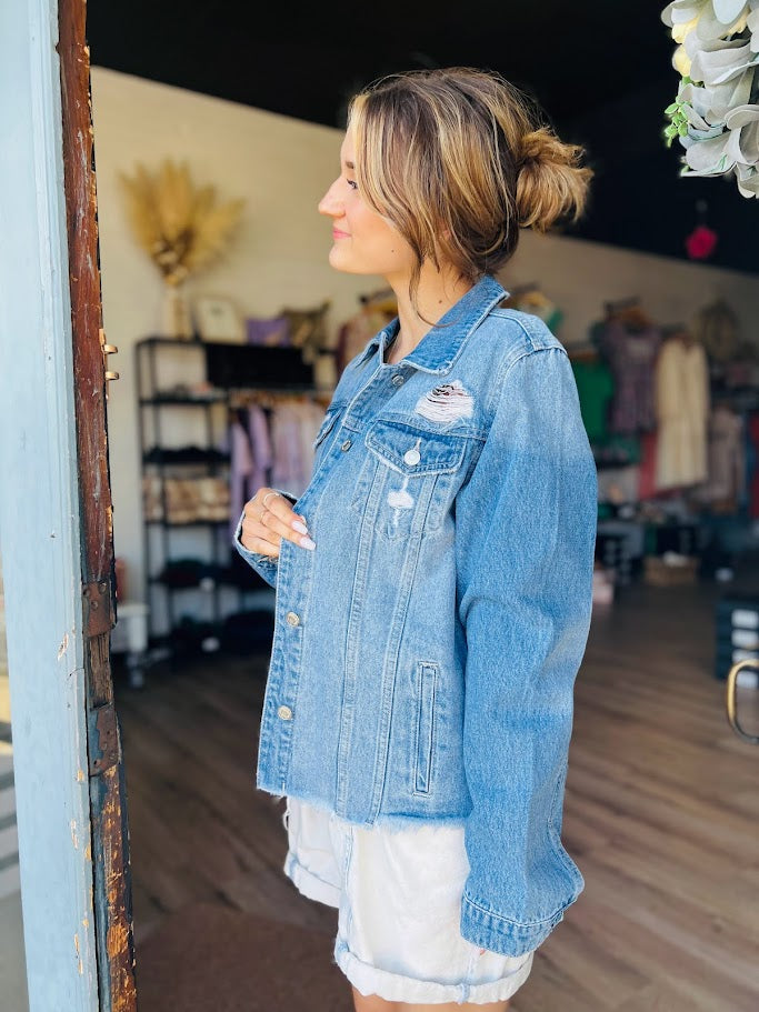 Distressed Raw Hem Denim Jacket