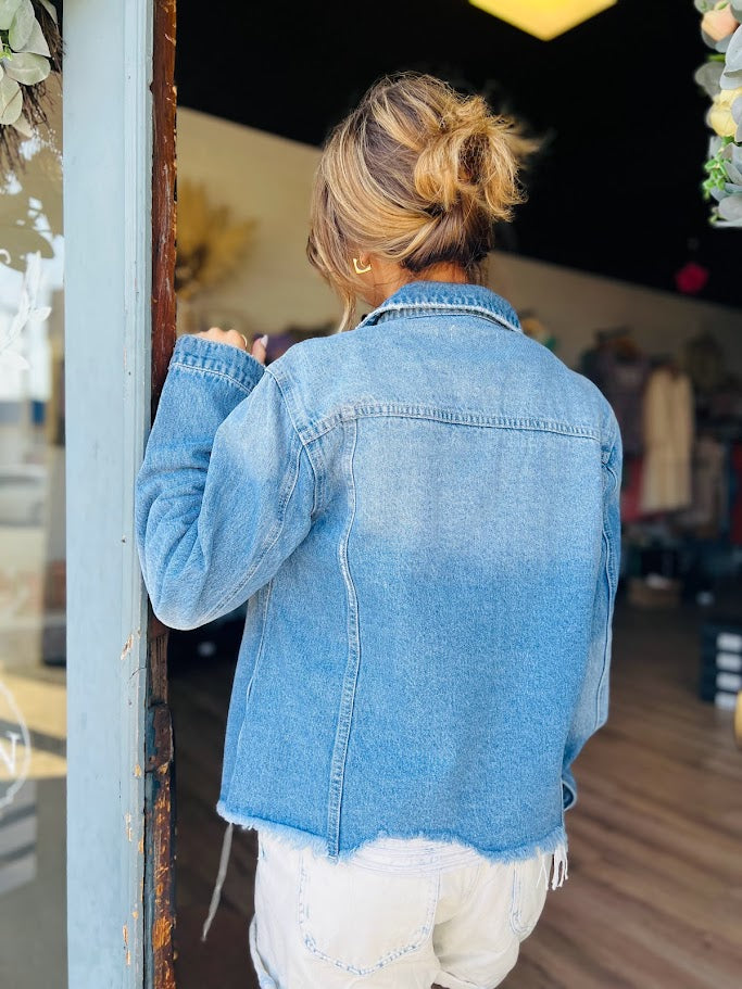 Distressed Raw Hem Denim Jacket