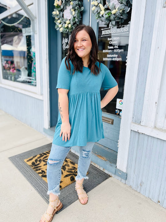 PLUS SHORT SLEEVE WAIST SHIRRING TOP