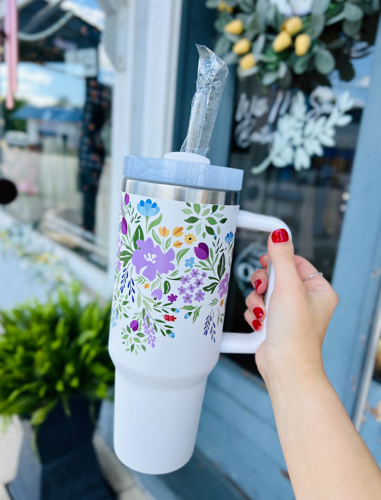 Floral | 40oz Stainless Steel Tumbler - White