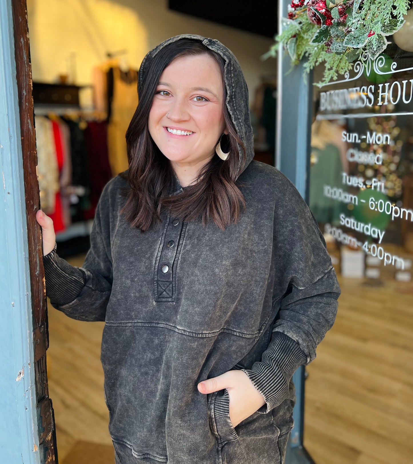 Henley Acid Wash Pocket Hoodie