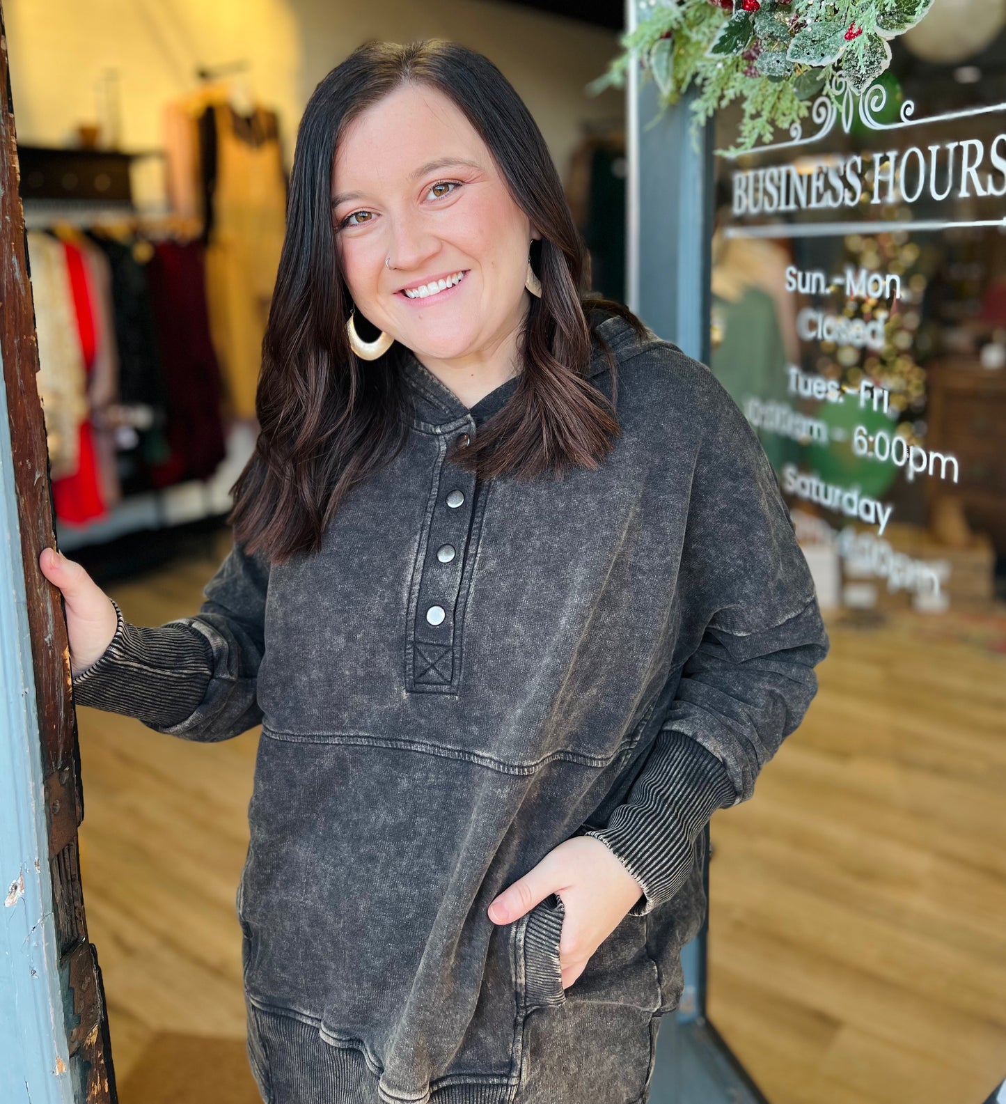 Henley Acid Wash Pocket Hoodie