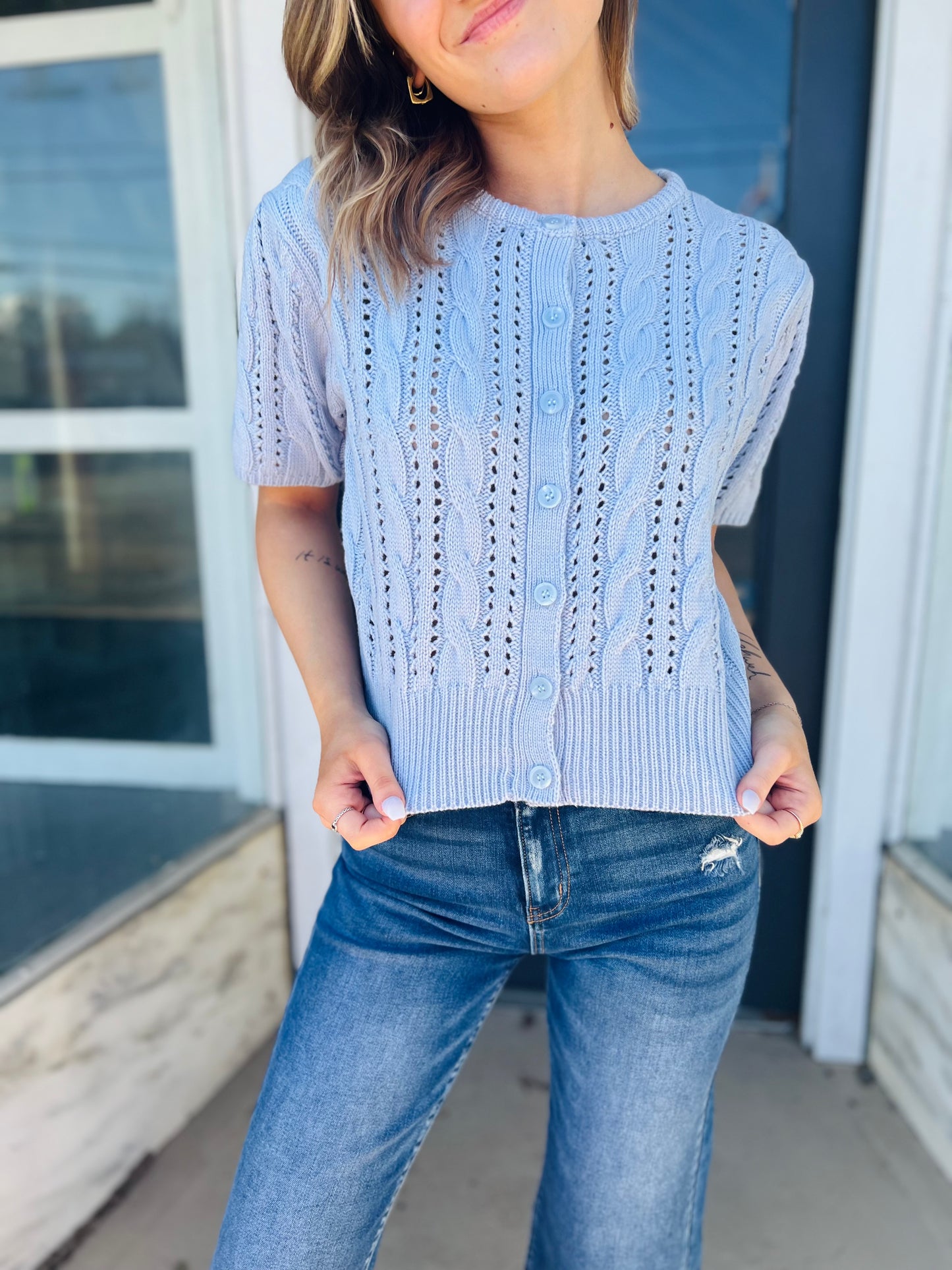 Sky | Cable Knit Puff Sleeve Top