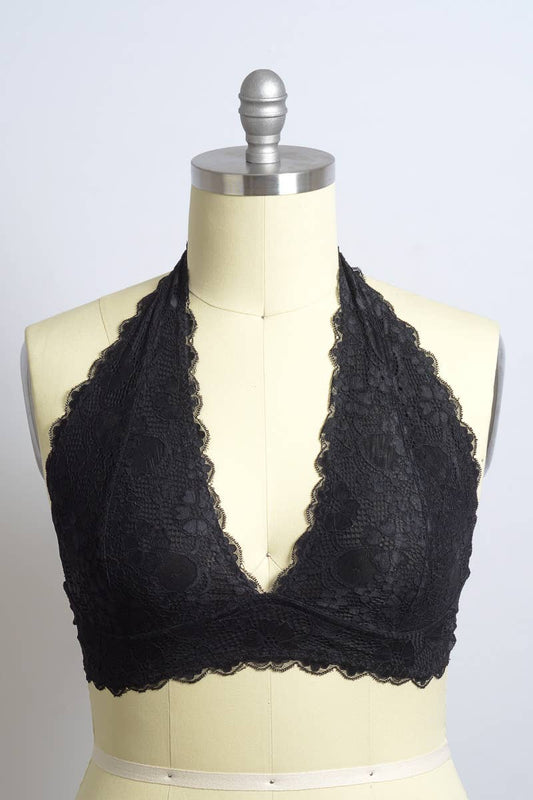 Curvy Lace Halter Bralette - Black