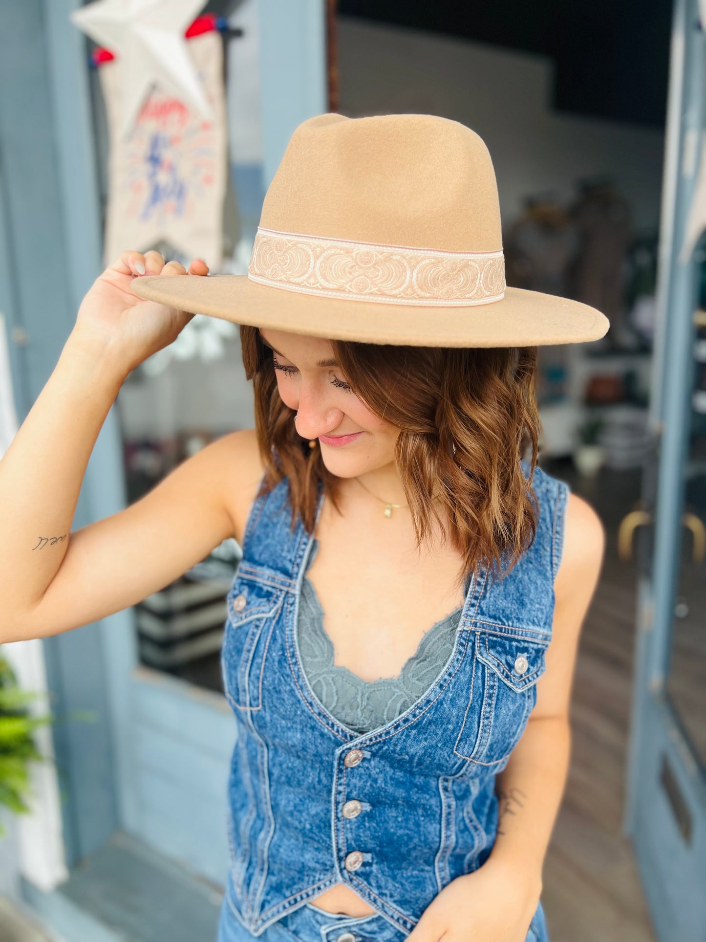 Boho Print Trim Wide Brim Fedora