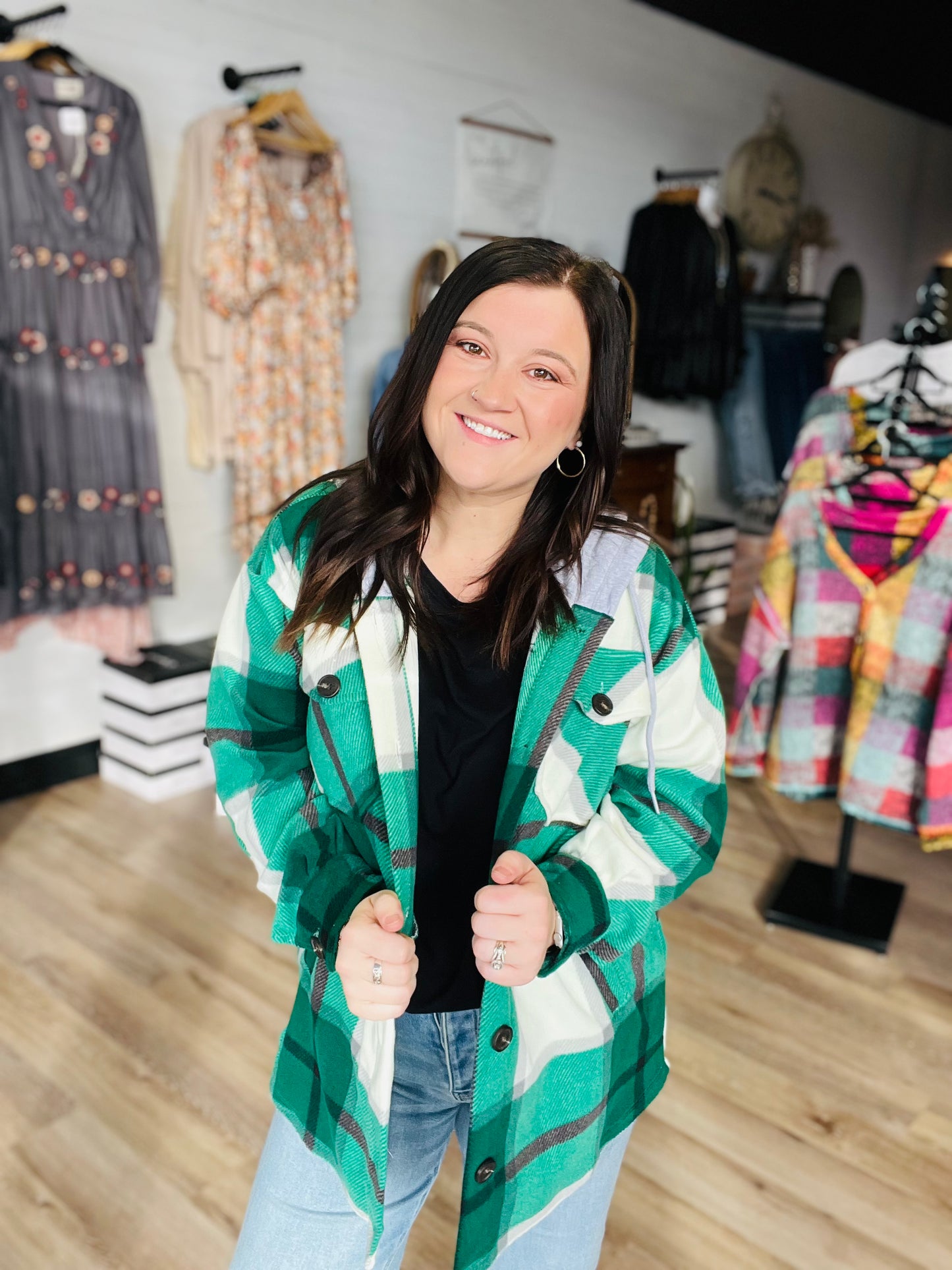 Plaid Drawstring Hooded Shacket