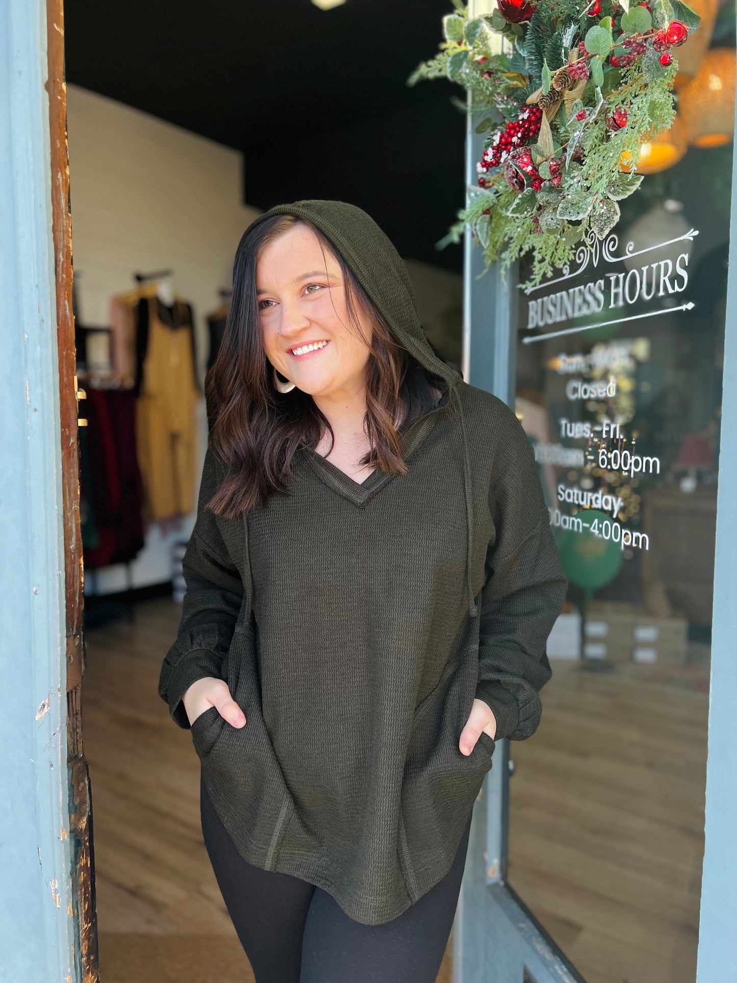 V-neck Hooded Knit Top