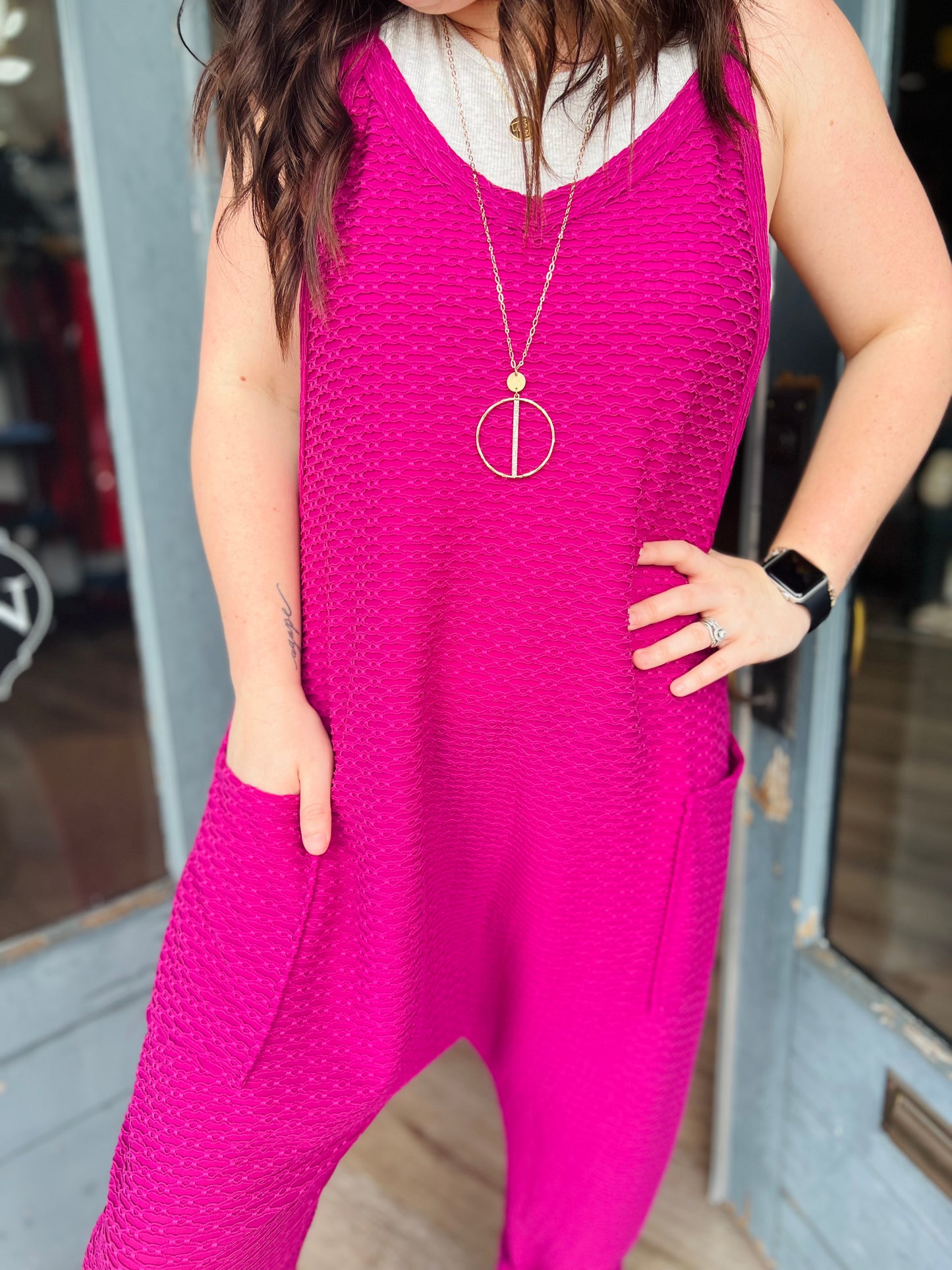 Textured Fabric Jumpsuit - Magenta