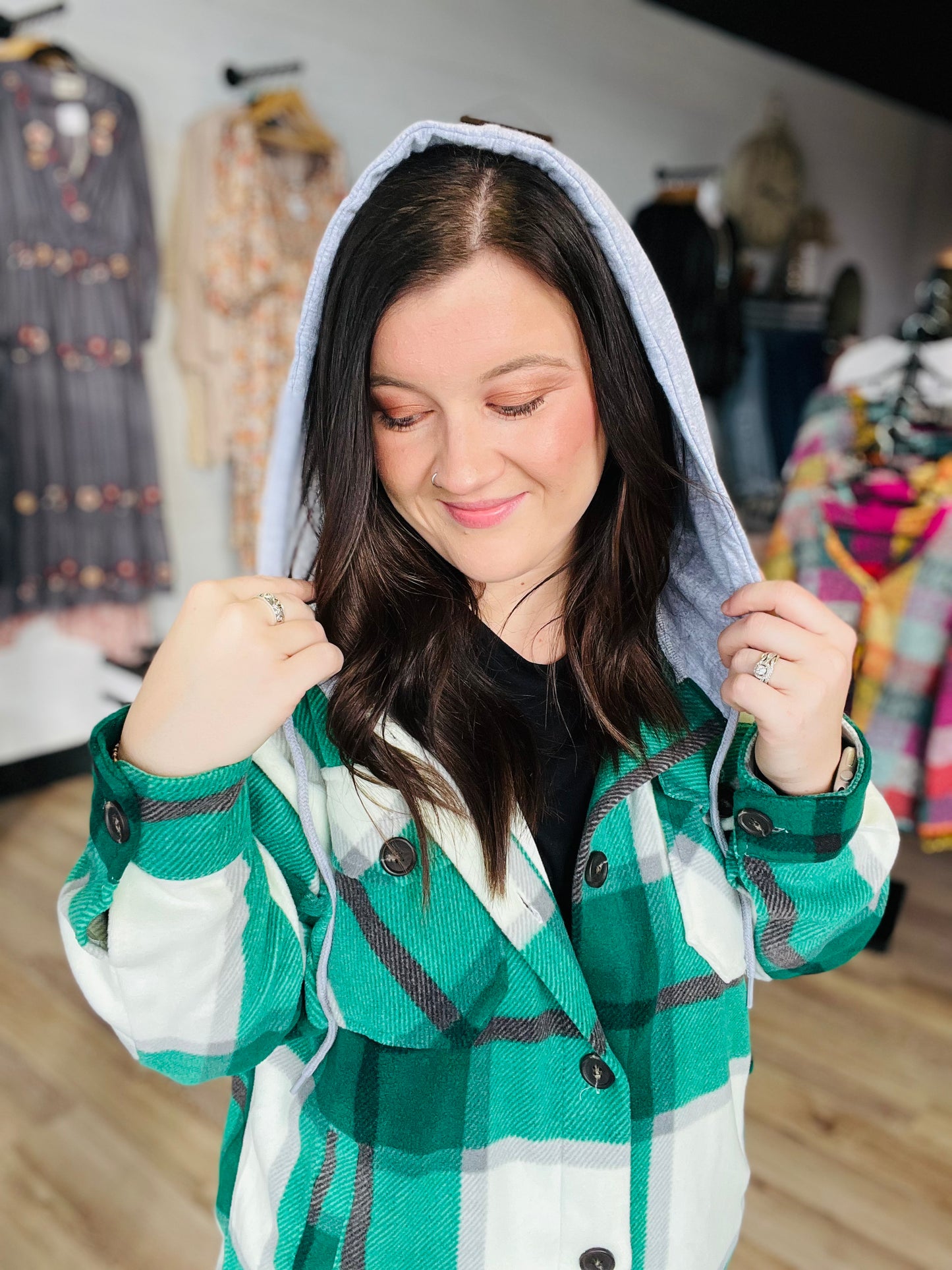 Plaid Drawstring Hooded Shacket