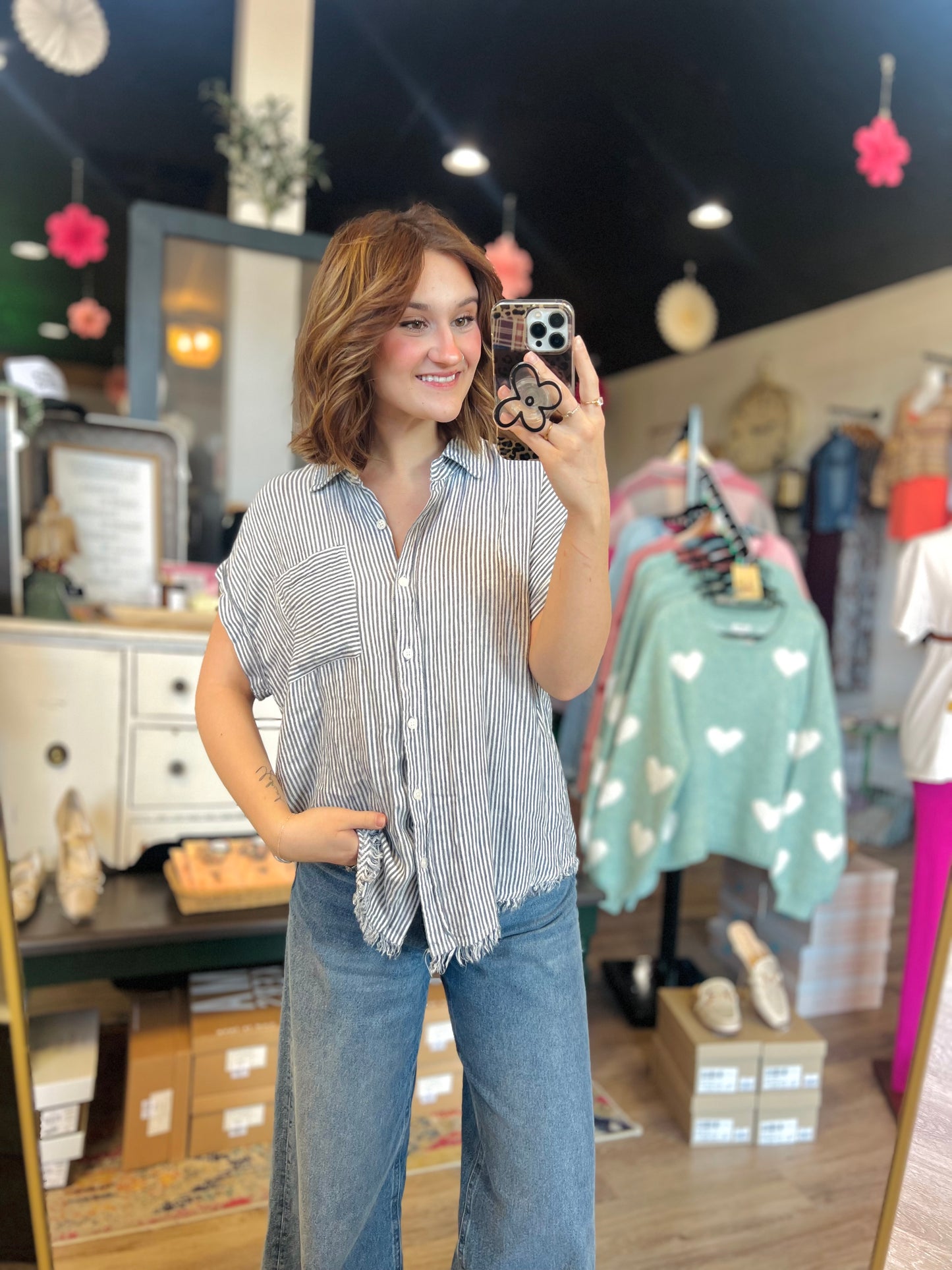 Altar'd State Beachy Stripe Button Up Top - M