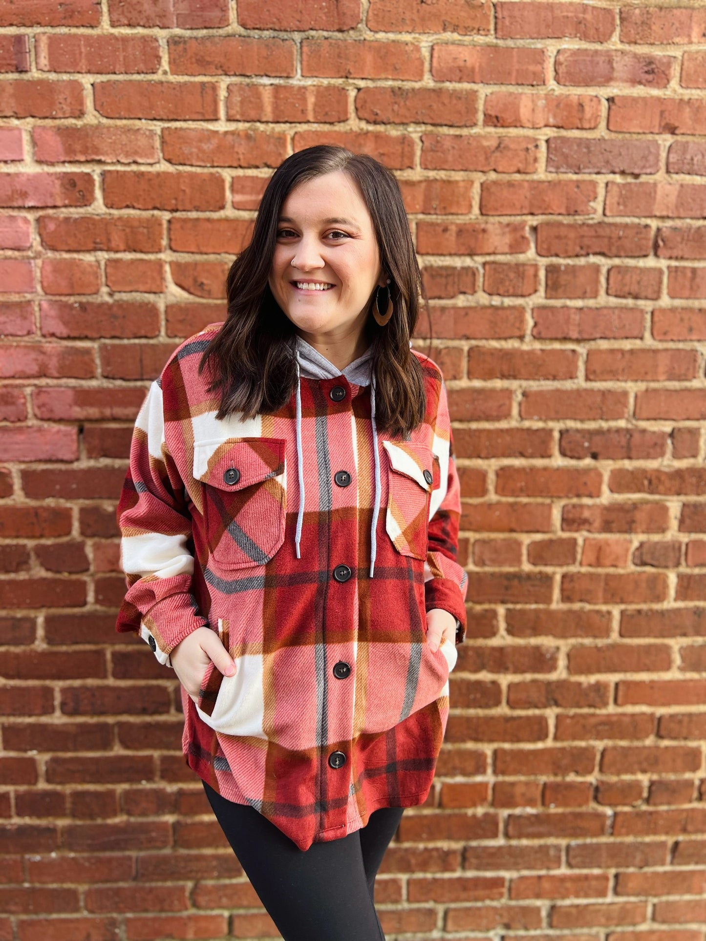 Plaid Drawstring Hooded Shacket | Rust & Black