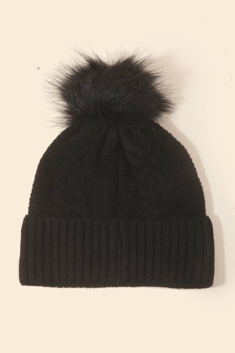 Crochet Knit Pompom Beanie - Black