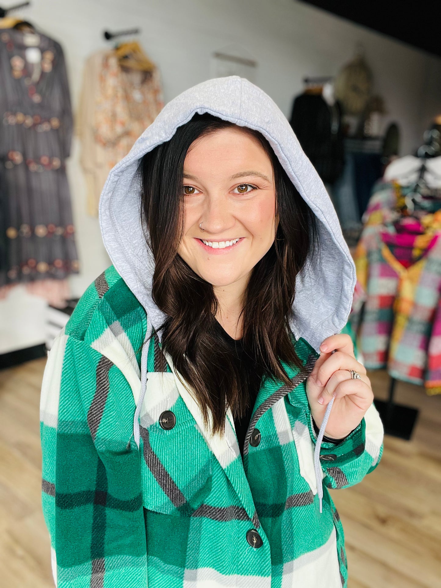 Plaid Drawstring Hooded Shacket