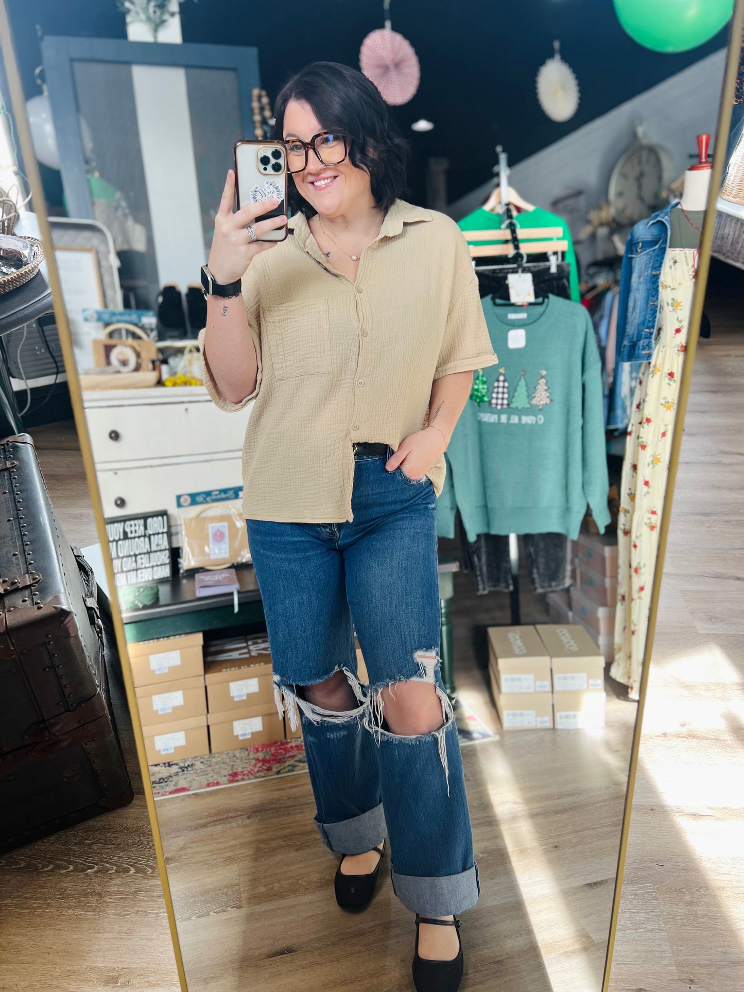 Beige Button Up Boho Top - L