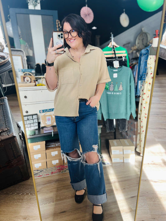 Beige Button Up Boho Top - L