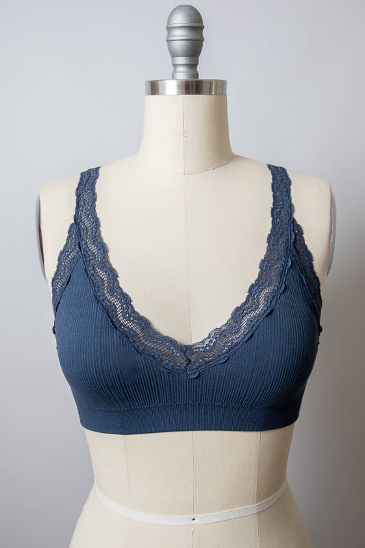 Lace Trim Padded Bralette - Navy